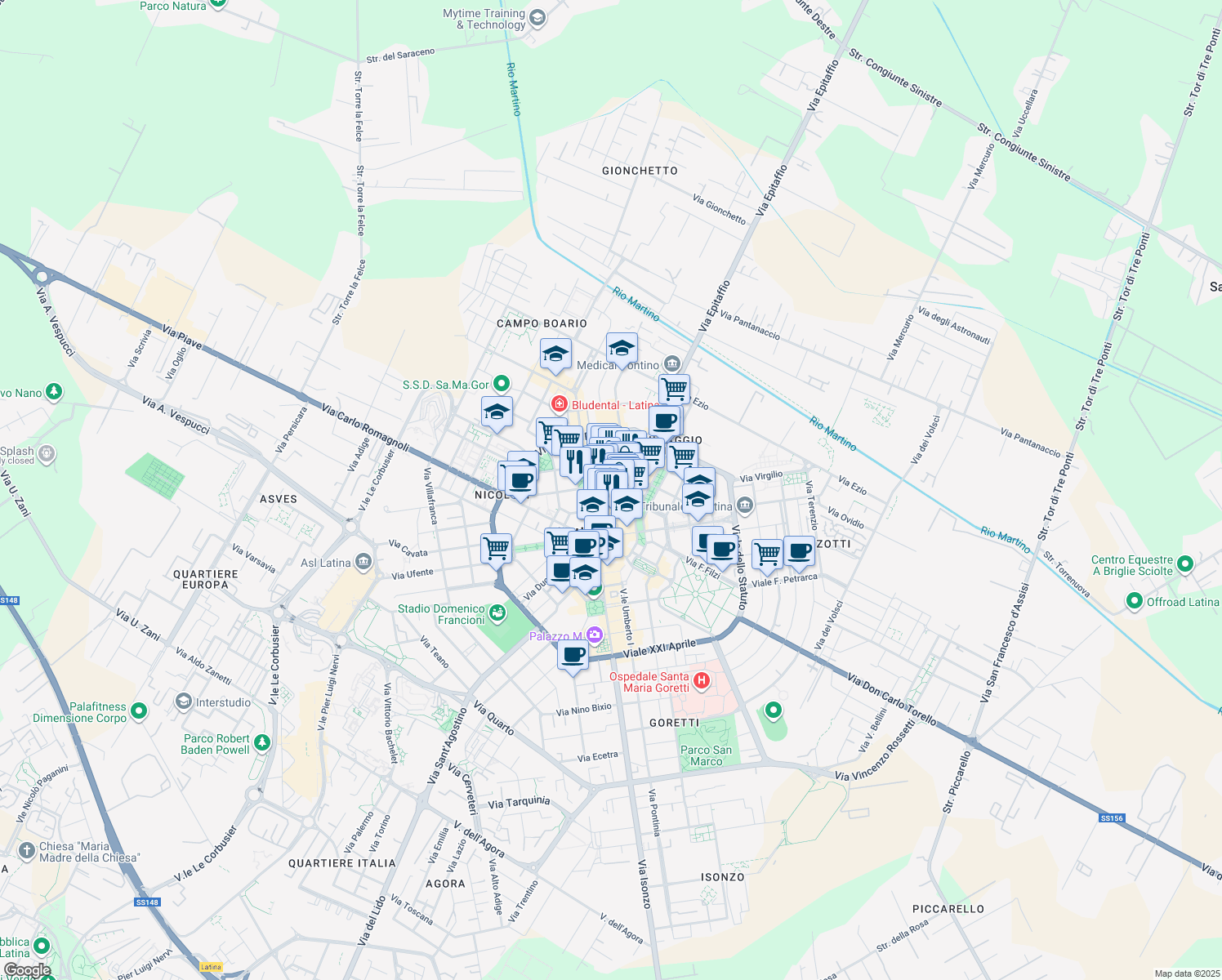 map of restaurants, bars, coffee shops, grocery stores, and more near 13 Via Cesare Battisti in Latina