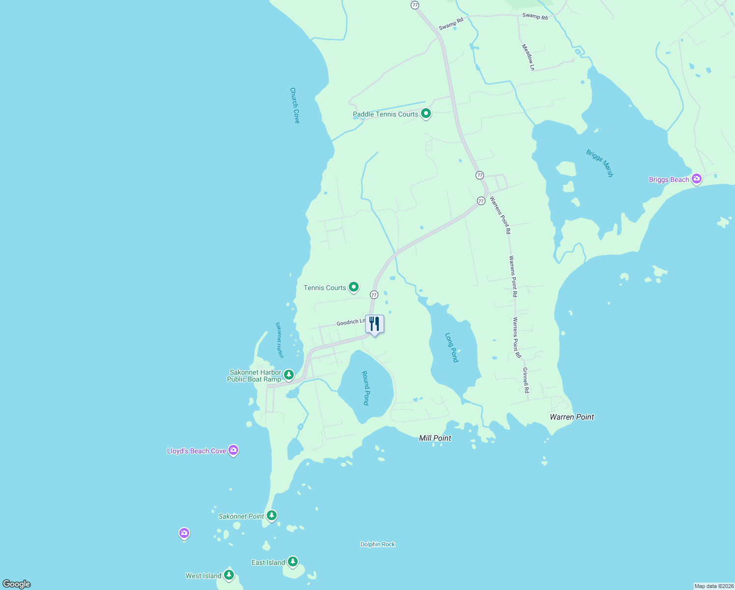 map of restaurants, bars, coffee shops, grocery stores, and more near 95 Sakonnet Point Road in Little Compton