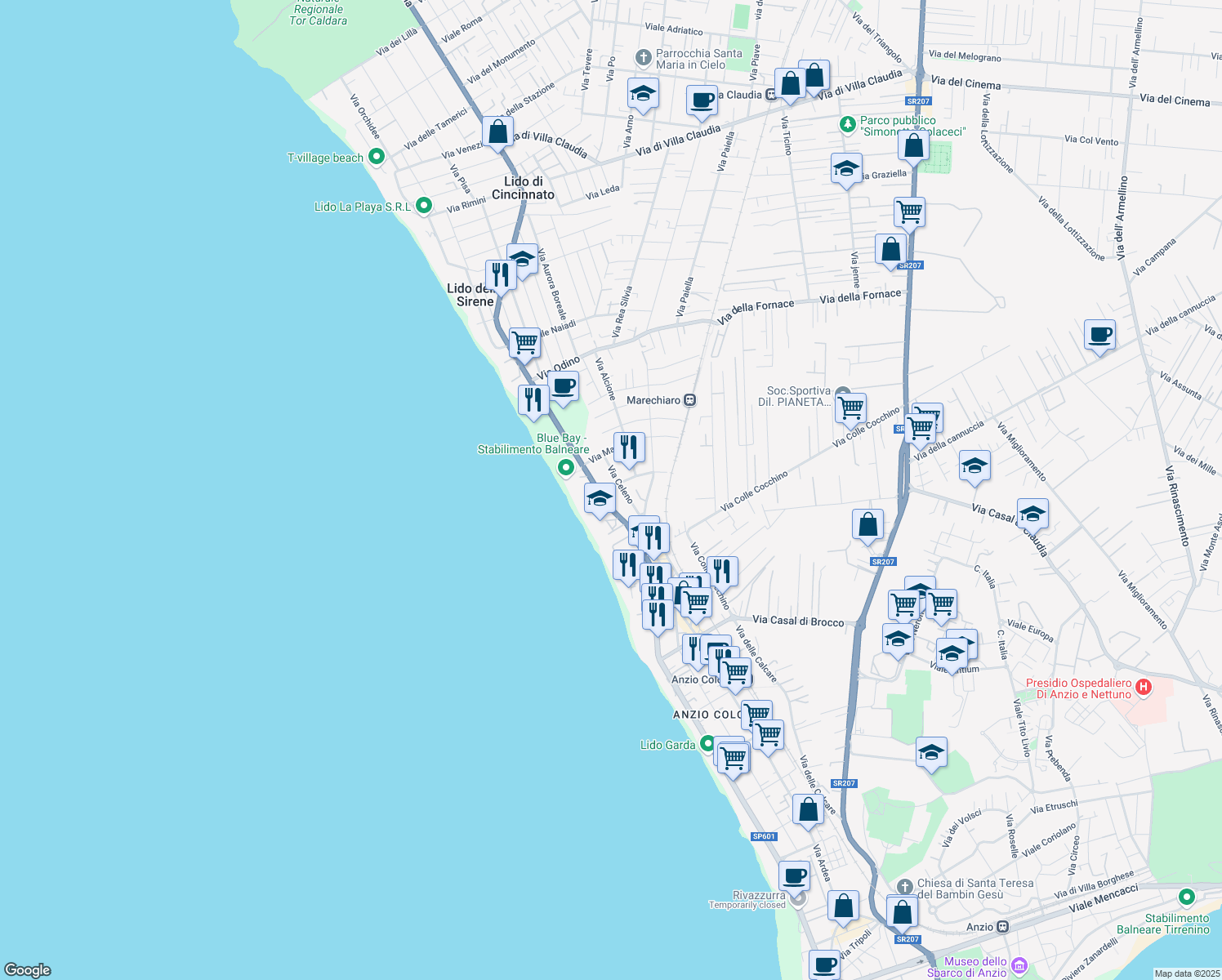 map of restaurants, bars, coffee shops, grocery stores, and more near 56 Via Caligola in Anzio