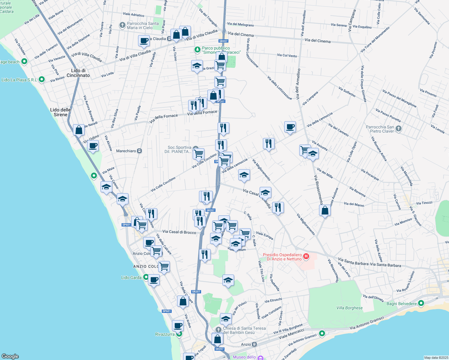 map of restaurants, bars, coffee shops, grocery stores, and more near 142-144 Via Casal di Claudia in Anzio