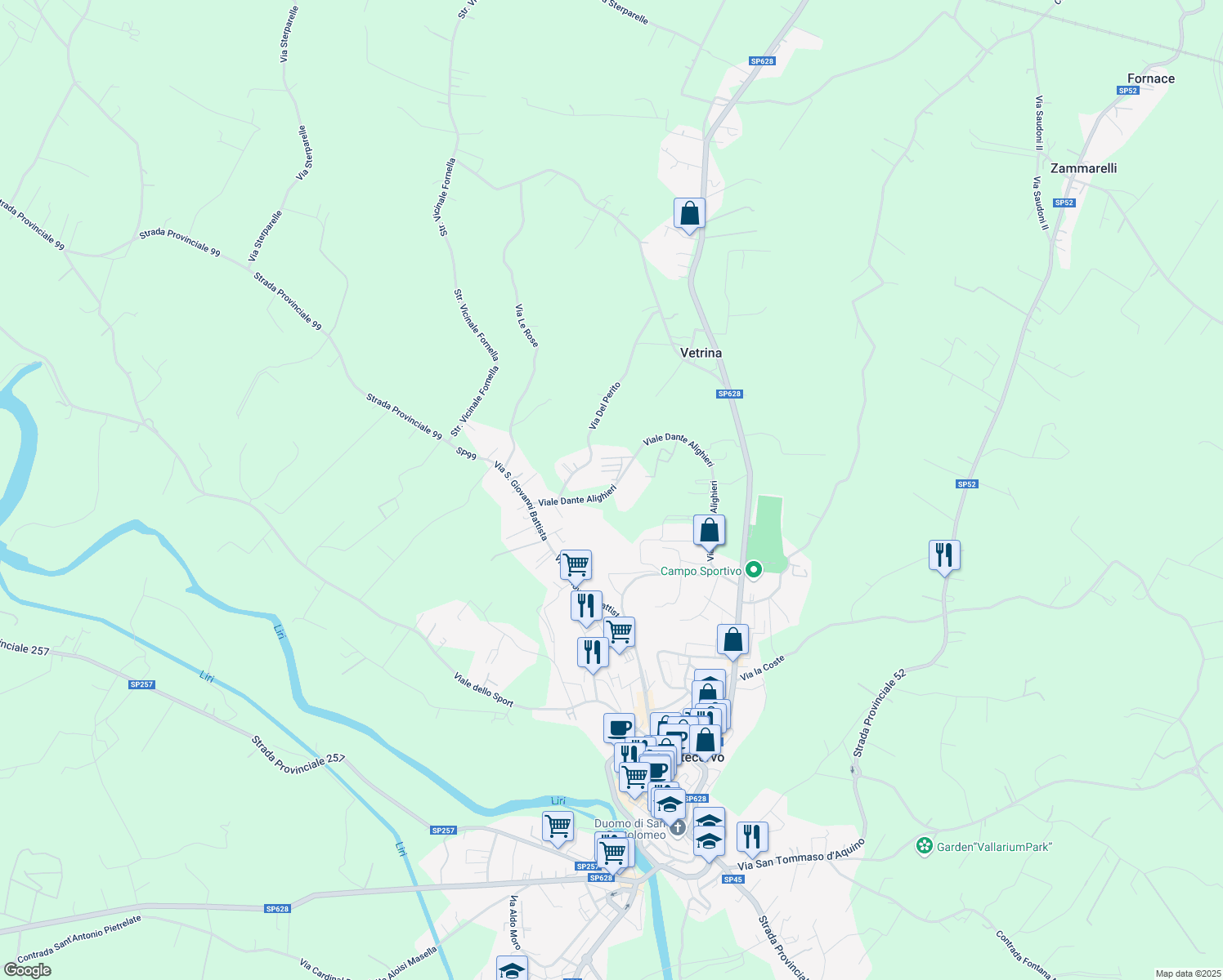 map of restaurants, bars, coffee shops, grocery stores, and more near Viale Dante Alighieri in Pontecorvo