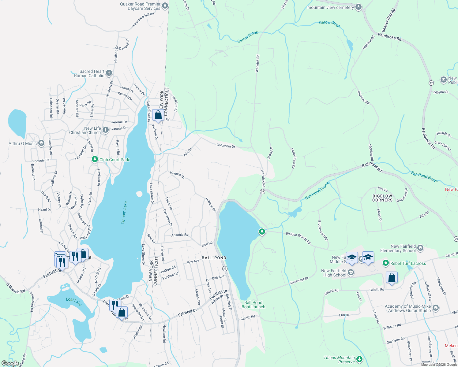 map of restaurants, bars, coffee shops, grocery stores, and more near 13 Satterlee Road in New Fairfield