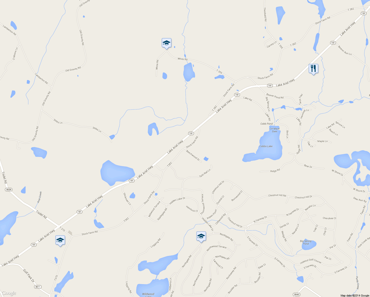 map of restaurants, bars, coffee shops, grocery stores, and more near Stock Farm Rd in Wayne