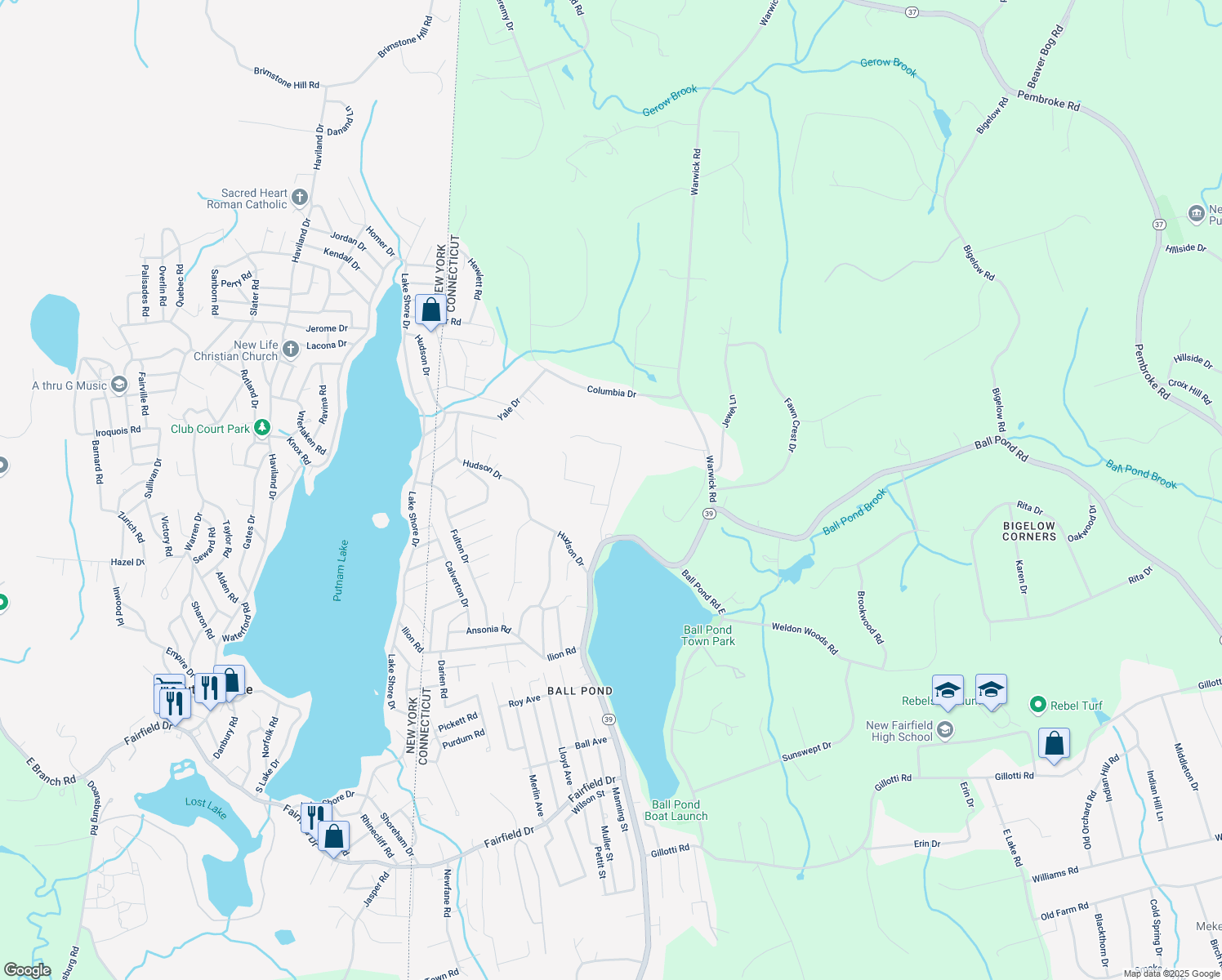 map of restaurants, bars, coffee shops, grocery stores, and more near 22 Satterlee Road in New Fairfield