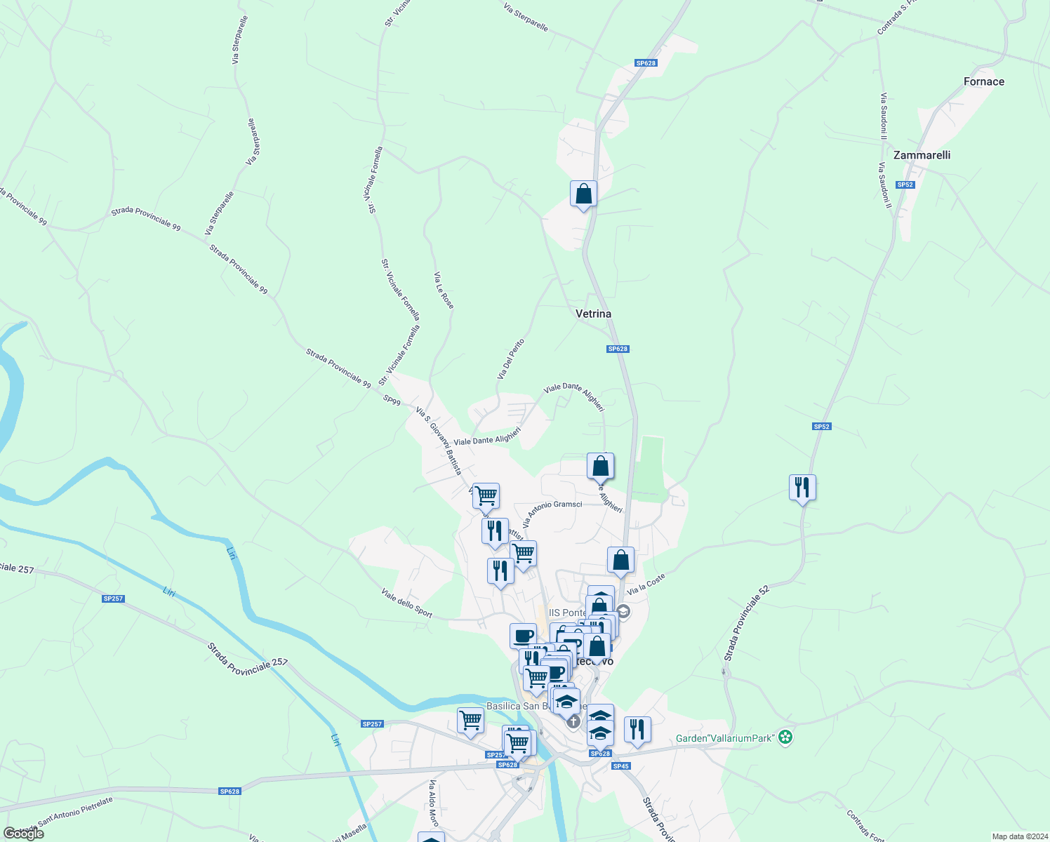 map of restaurants, bars, coffee shops, grocery stores, and more near 86 Viale Dante Alighieri in Pontecorvo