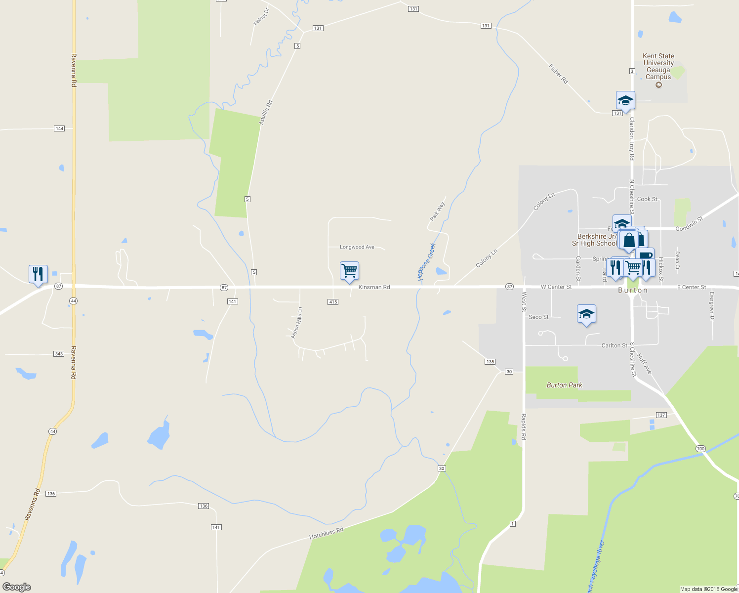 map of restaurants, bars, coffee shops, grocery stores, and more near 13159 Kinsman Road in Burton
