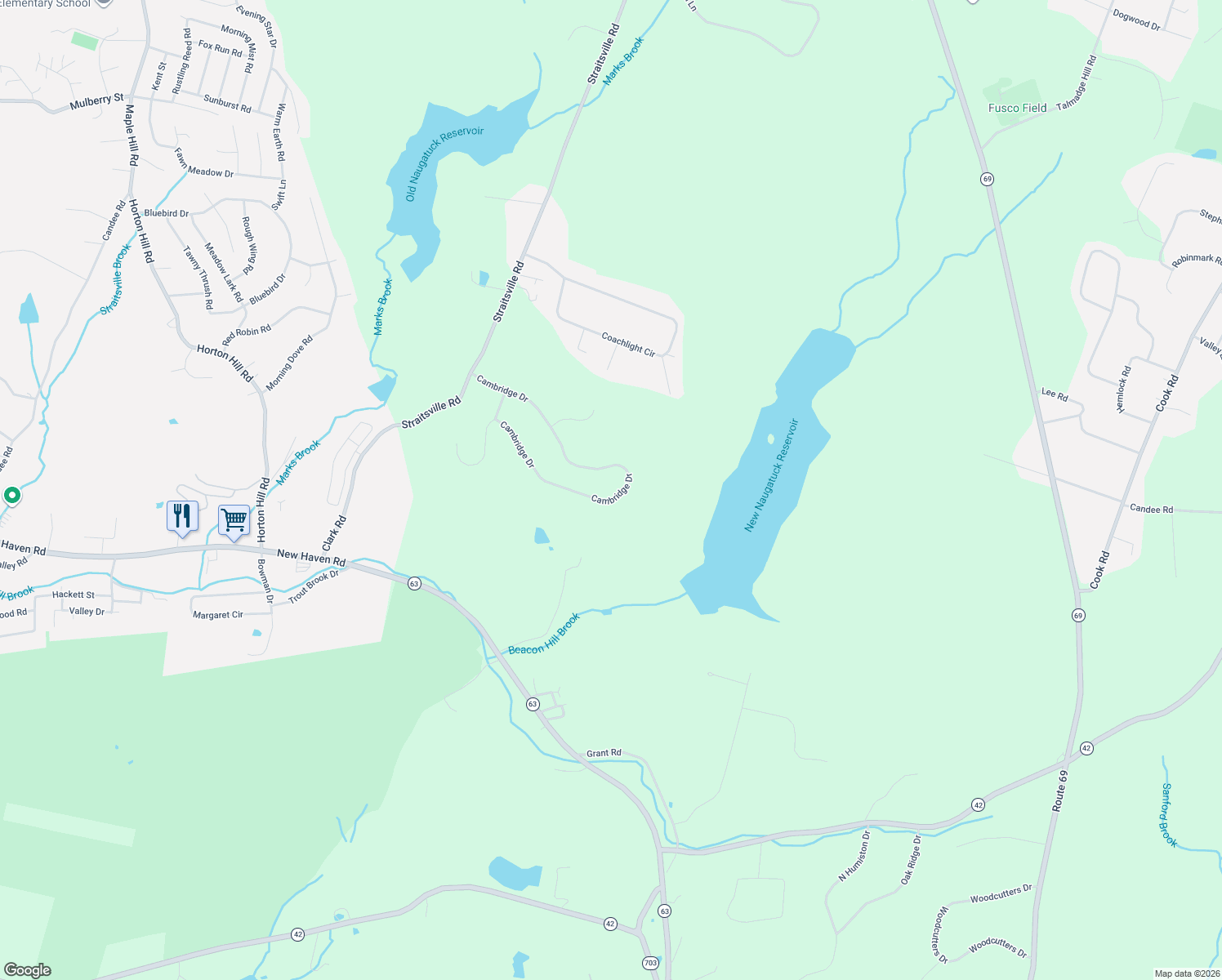 map of restaurants, bars, coffee shops, grocery stores, and more near 40 Cambridge Drive in Prospect