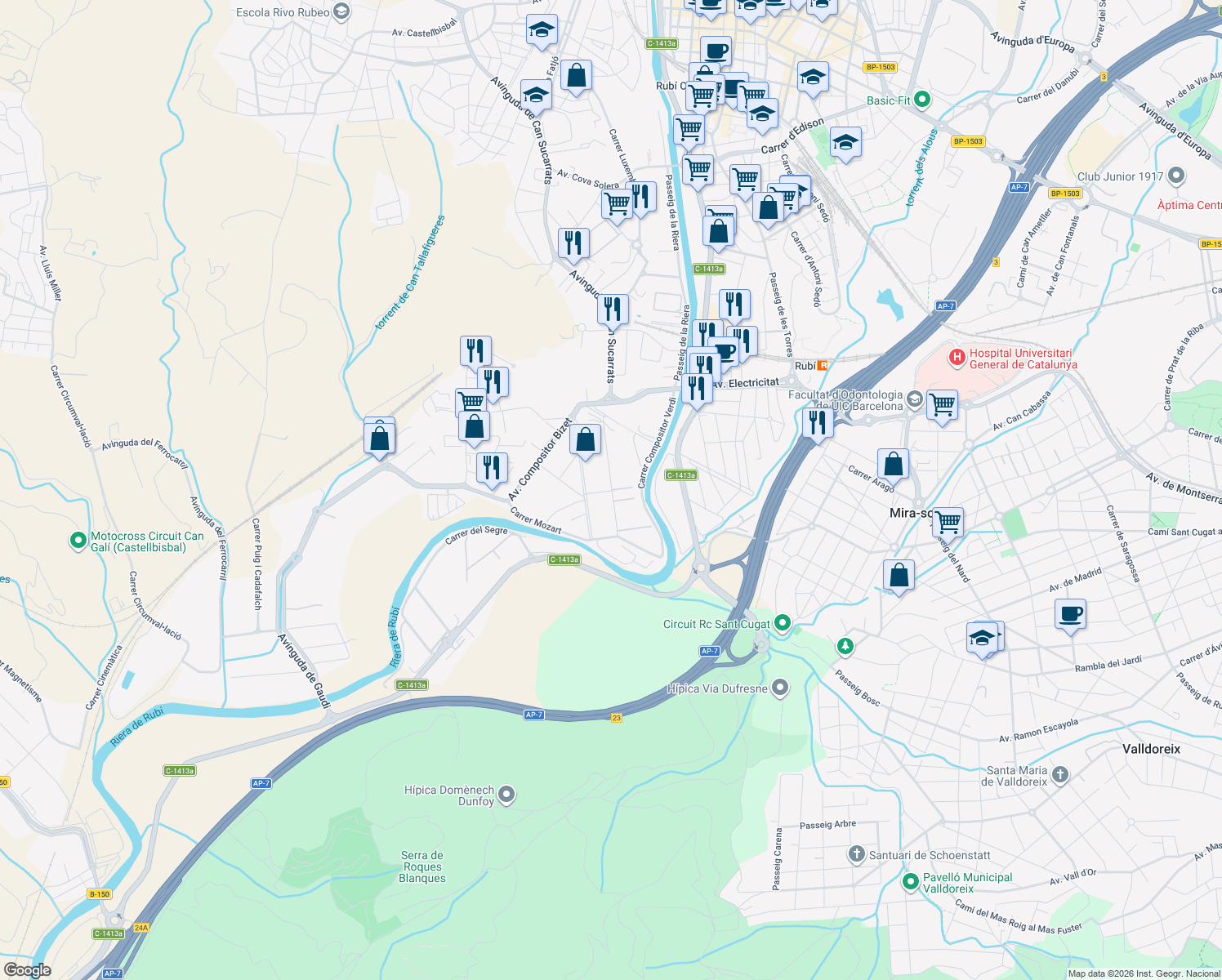 map of restaurants, bars, coffee shops, grocery stores, and more near 6 Passatge Bach in Barcelona