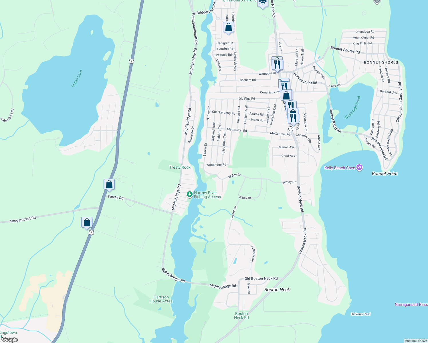 map of restaurants, bars, coffee shops, grocery stores, and more near 127 West Bay Drive in Narragansett