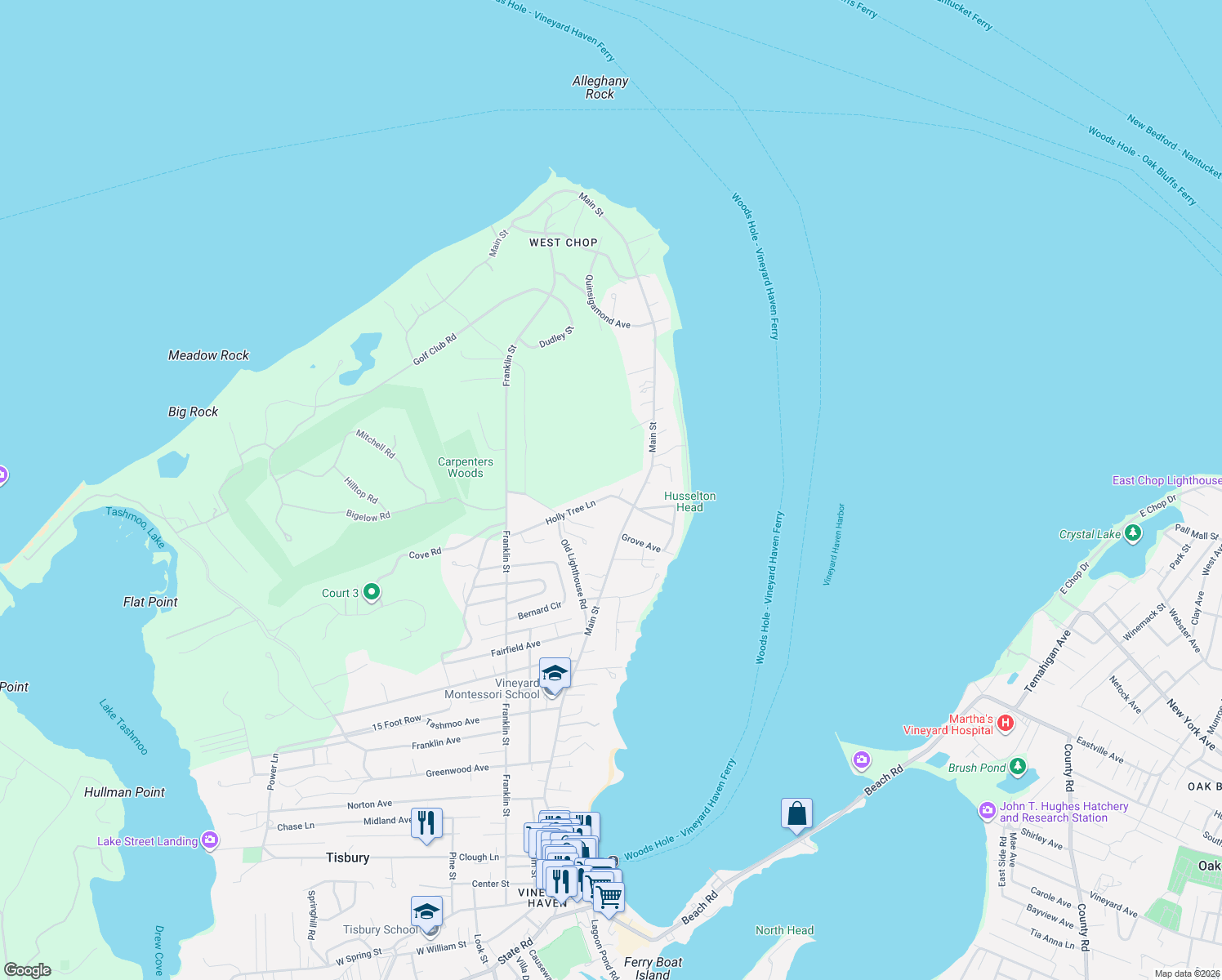 map of restaurants, bars, coffee shops, grocery stores, and more near 37 Holly Tree Lane in Tisbury
