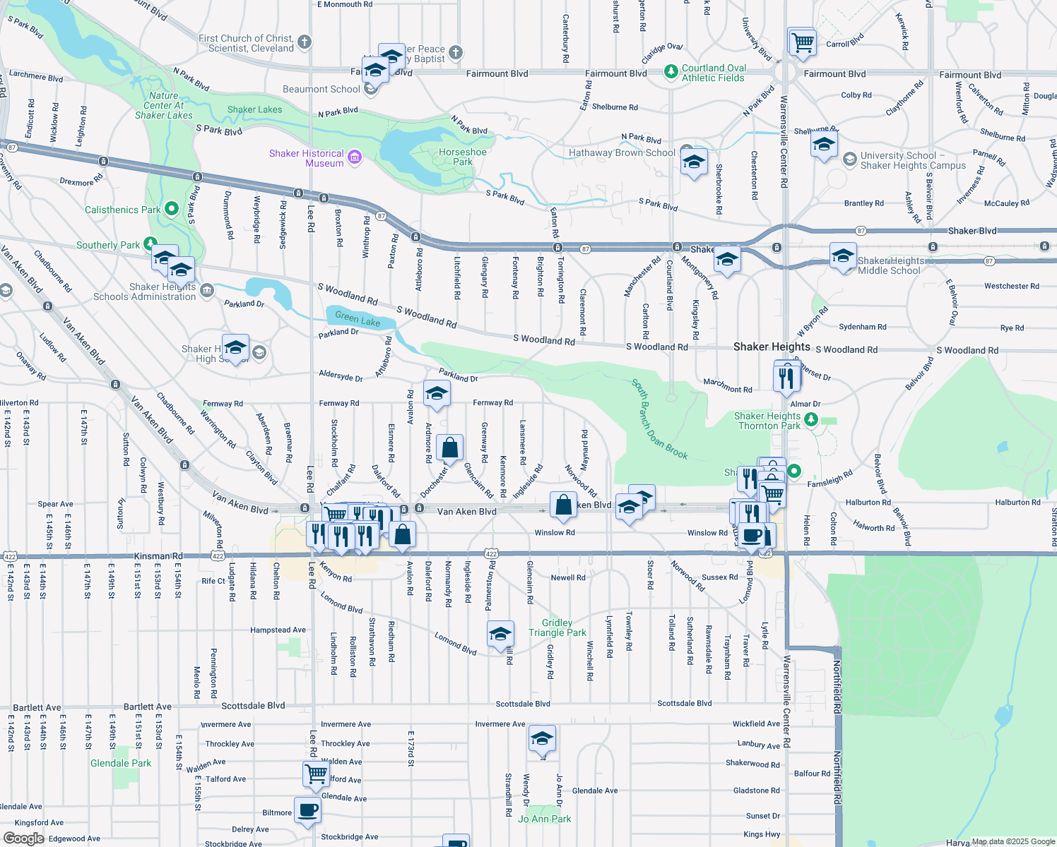 map of restaurants, bars, coffee shops, grocery stores, and more near 3275 Lansmere Rd in Shaker Heights