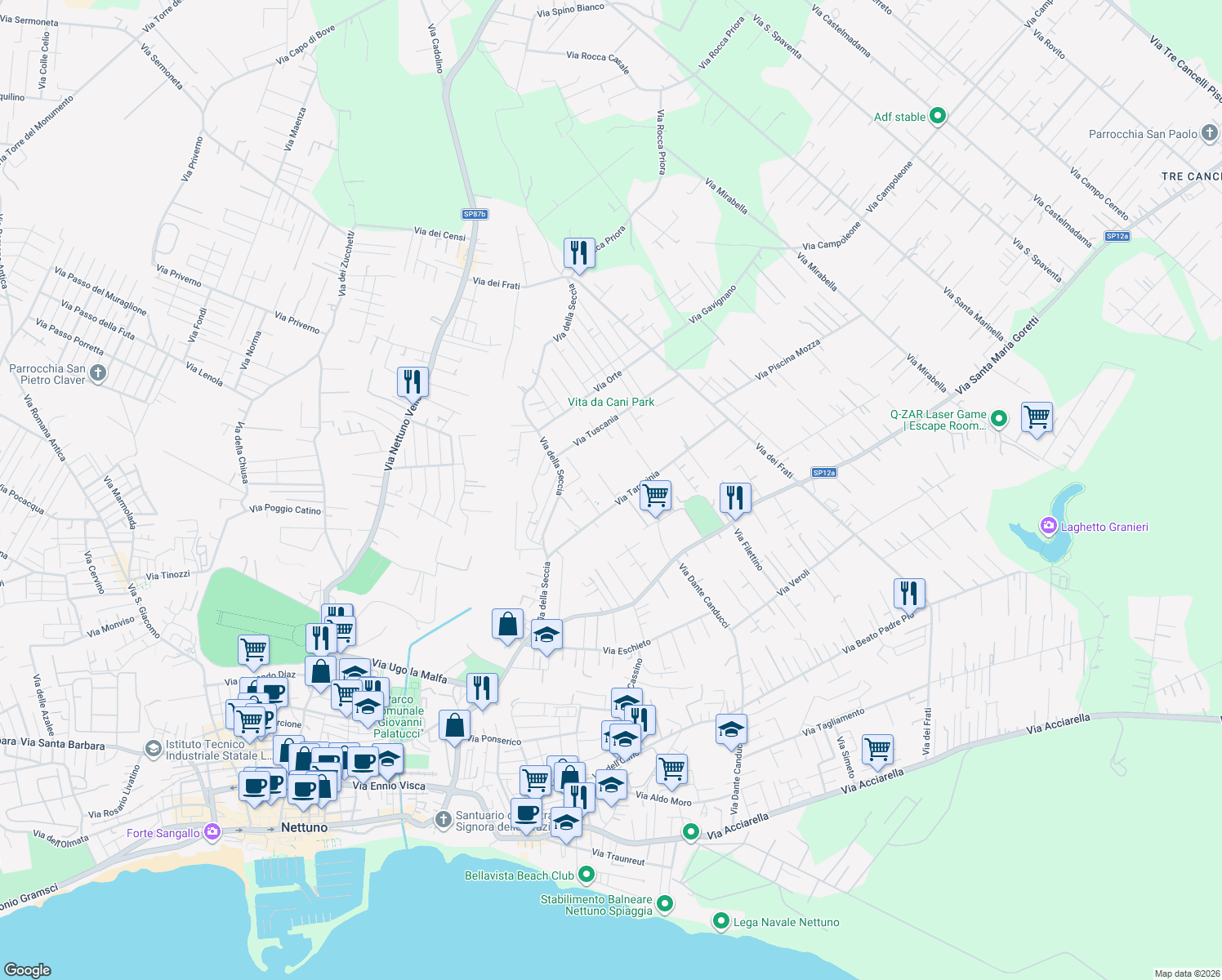 map of restaurants, bars, coffee shops, grocery stores, and more near 8 Via Oriolo Romano in Nettuno