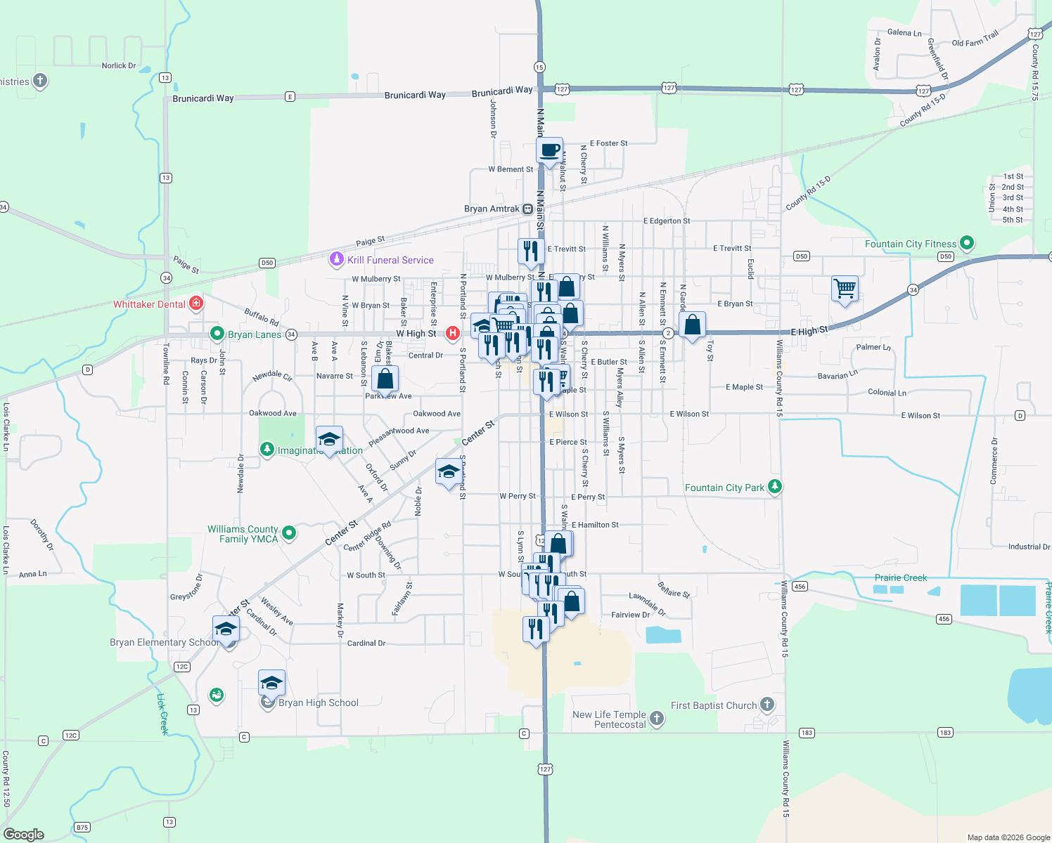 map of restaurants, bars, coffee shops, grocery stores, and more near 409 S Lynn St in Bryan