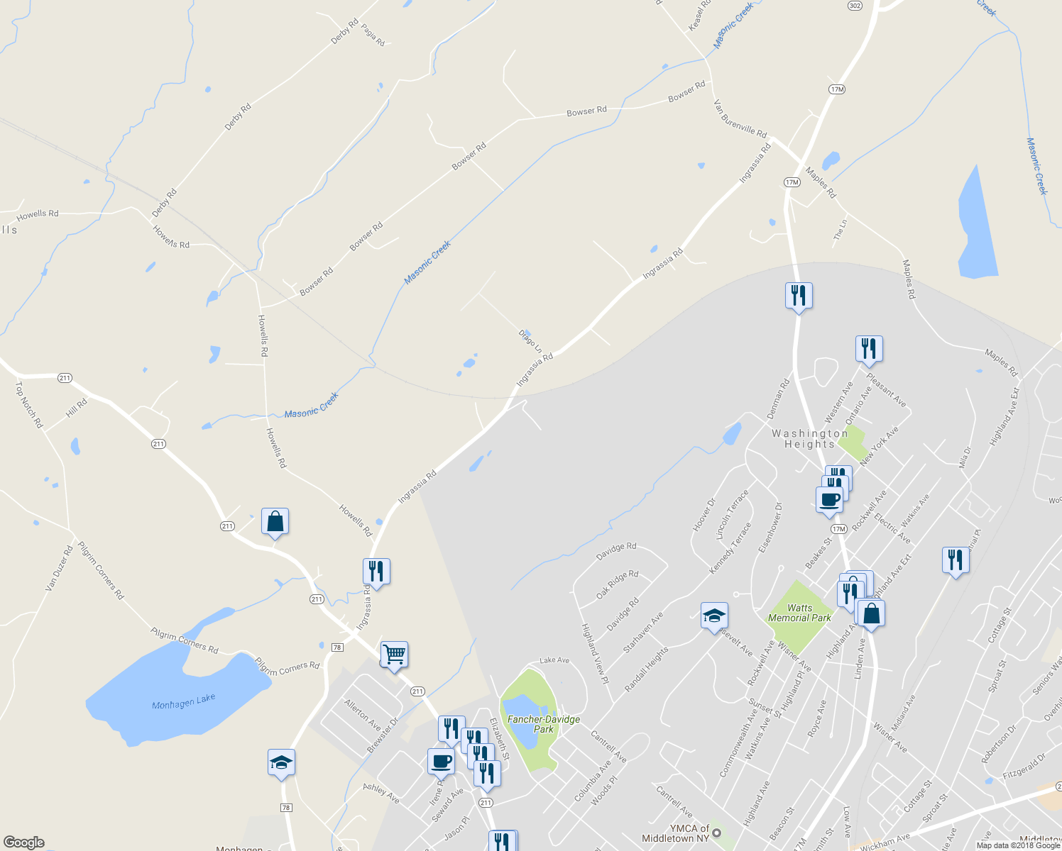 map of restaurants, bars, coffee shops, grocery stores, and more near 20 Parsons Lane in Middletown