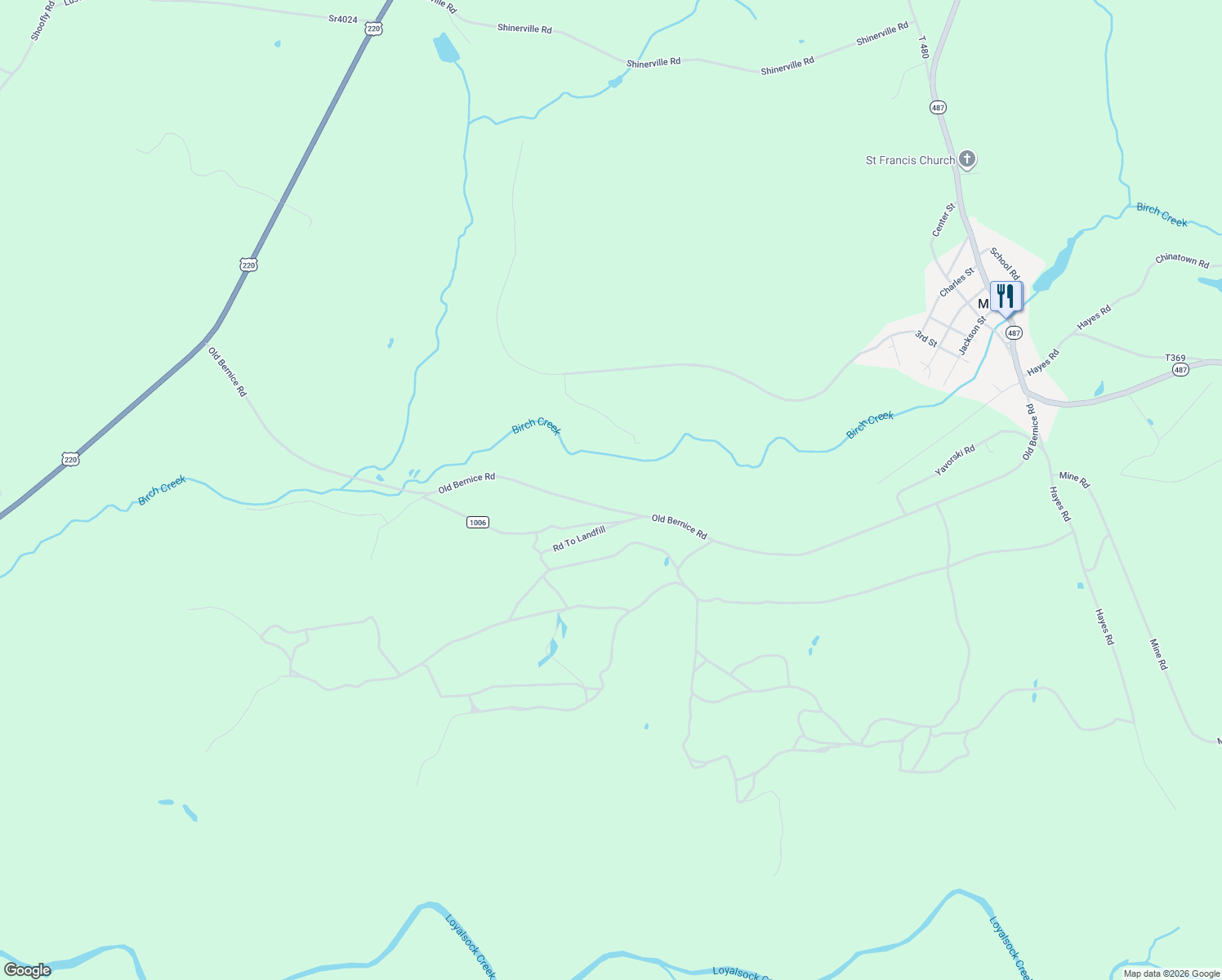 map of restaurants, bars, coffee shops, grocery stores, and more near 595 Old Bernice Road in Mildred
