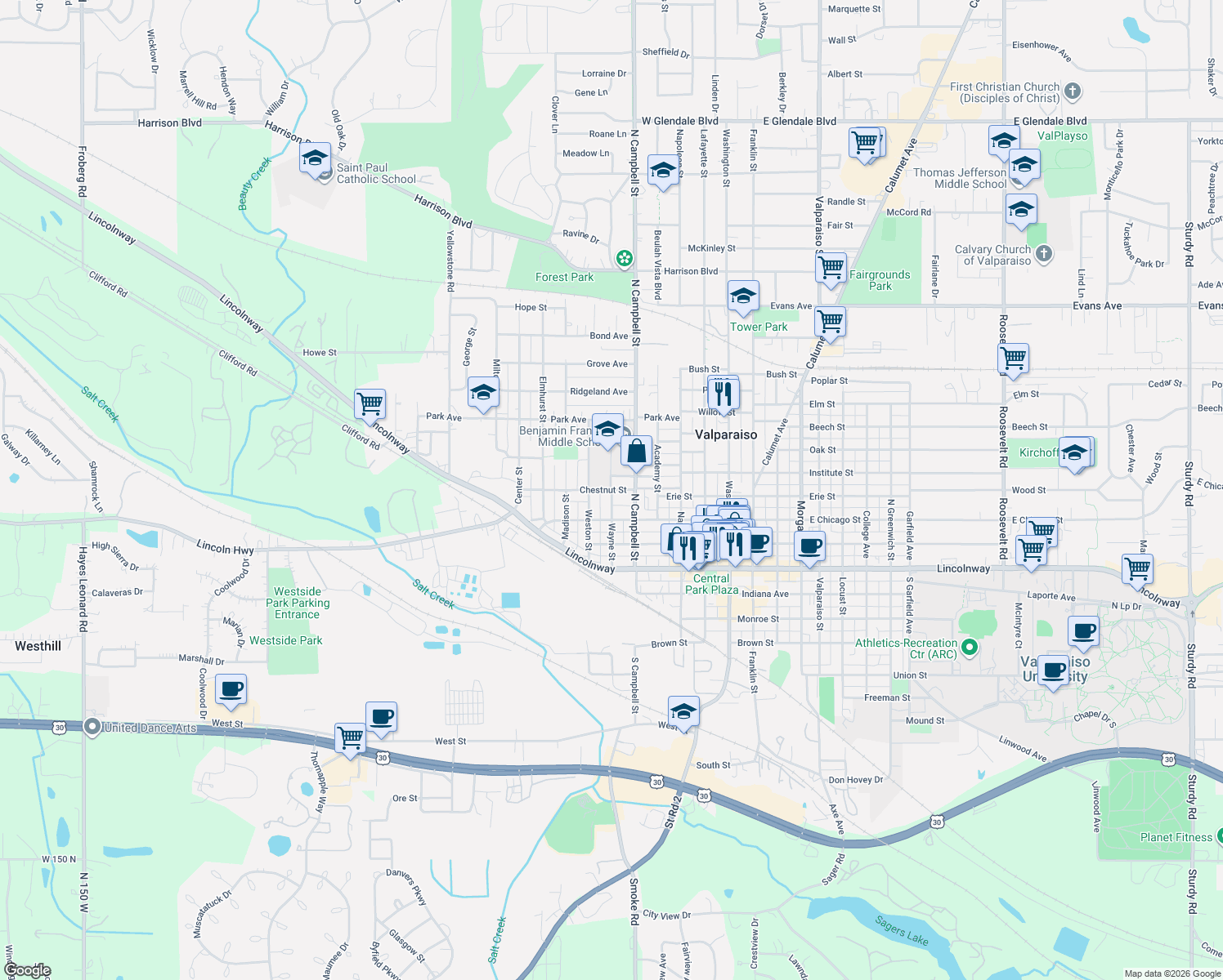 map of restaurants, bars, coffee shops, grocery stores, and more near 299 Wayne St in Valparaiso