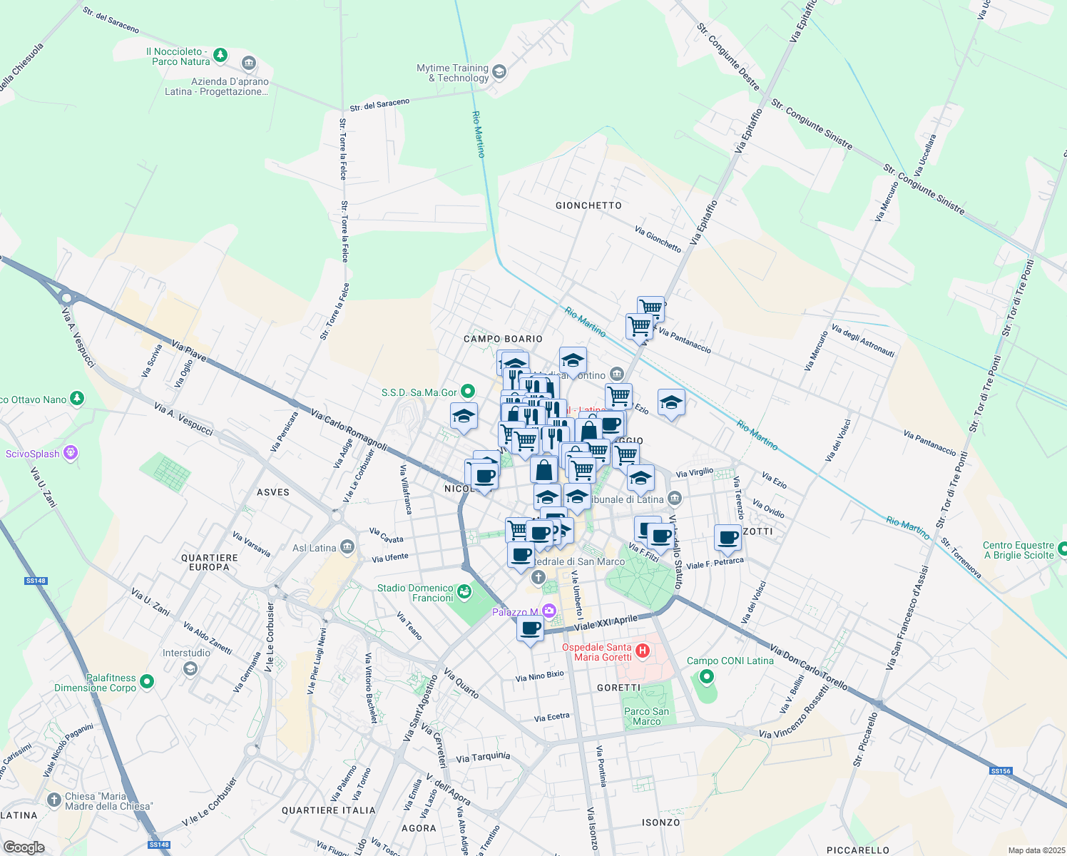 map of restaurants, bars, coffee shops, grocery stores, and more near 51 Via Giuliano Carturan in Latina