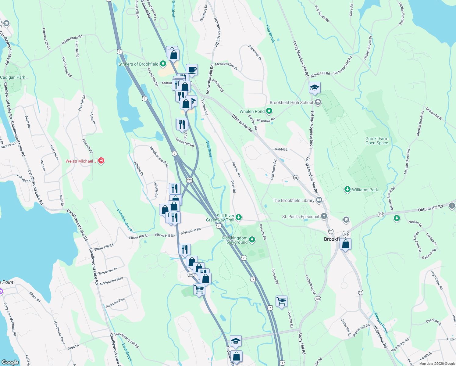 map of restaurants, bars, coffee shops, grocery stores, and more near 20 Dean Rd in Brookfield