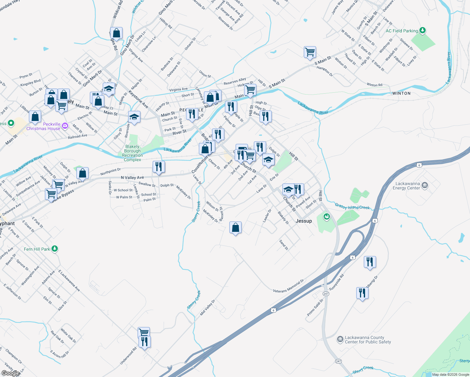 map of restaurants, bars, coffee shops, grocery stores, and more near 525 2nd Ave in Jessup