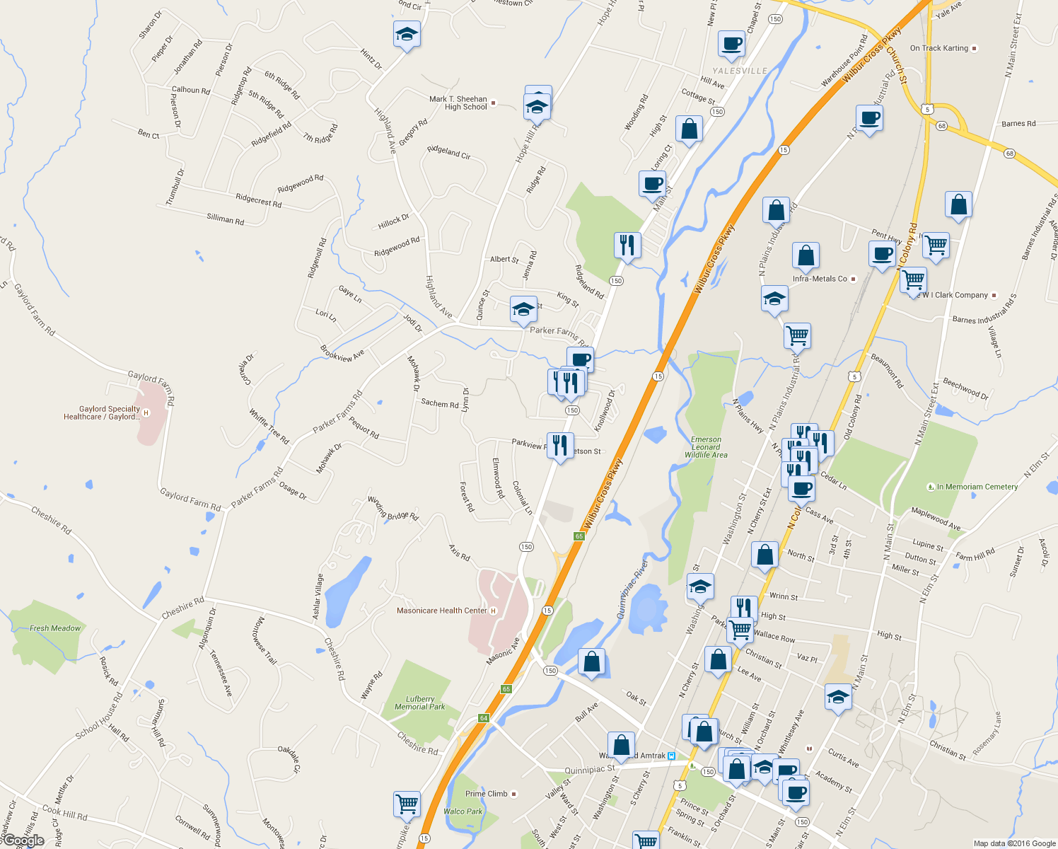map of restaurants, bars, coffee shops, grocery stores, and more near 18 Town Farm Rd in Wallingford