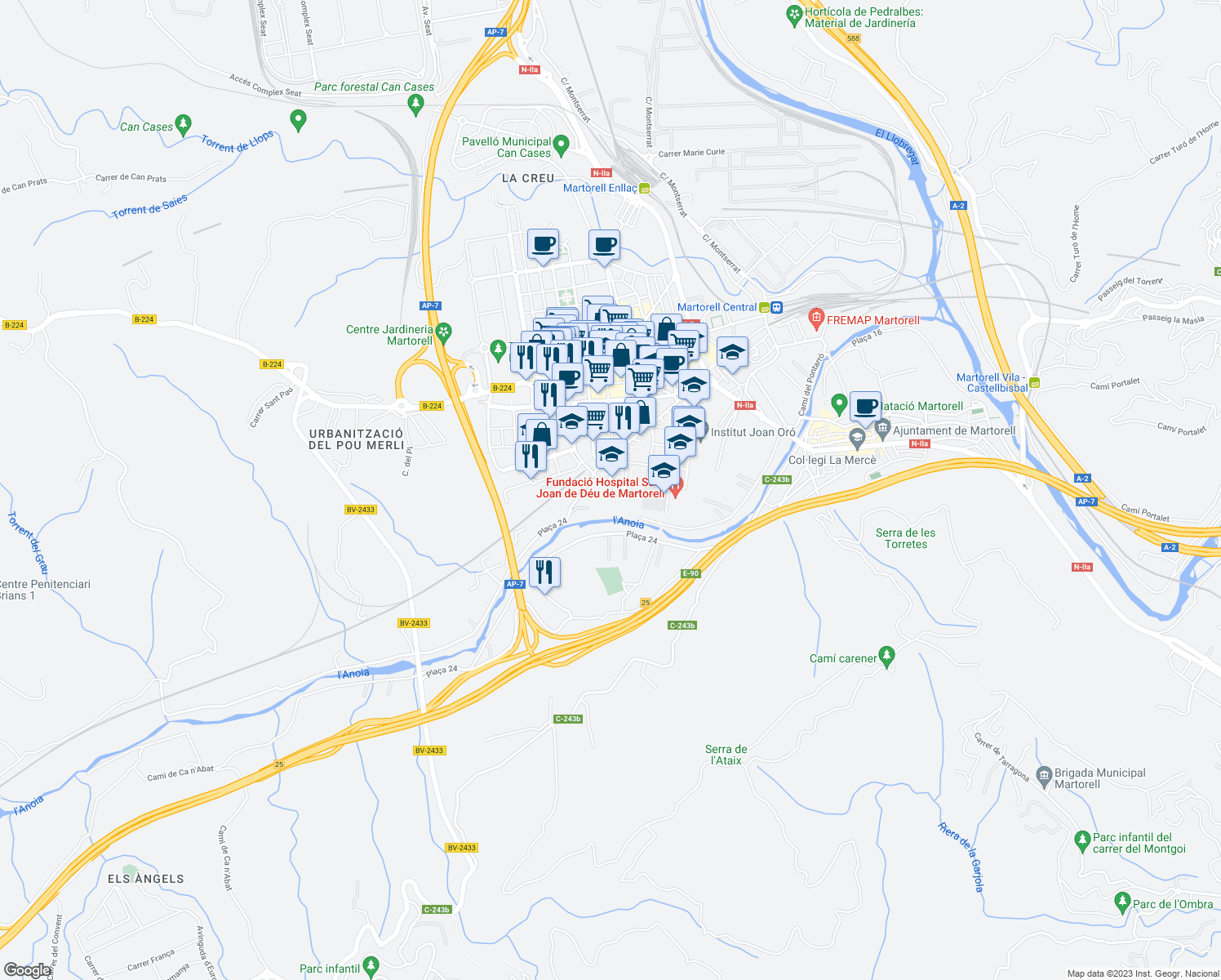 map of restaurants, bars, coffee shops, grocery stores, and more near 9 Avinguda Mancomunitats Comarcals in Martorell