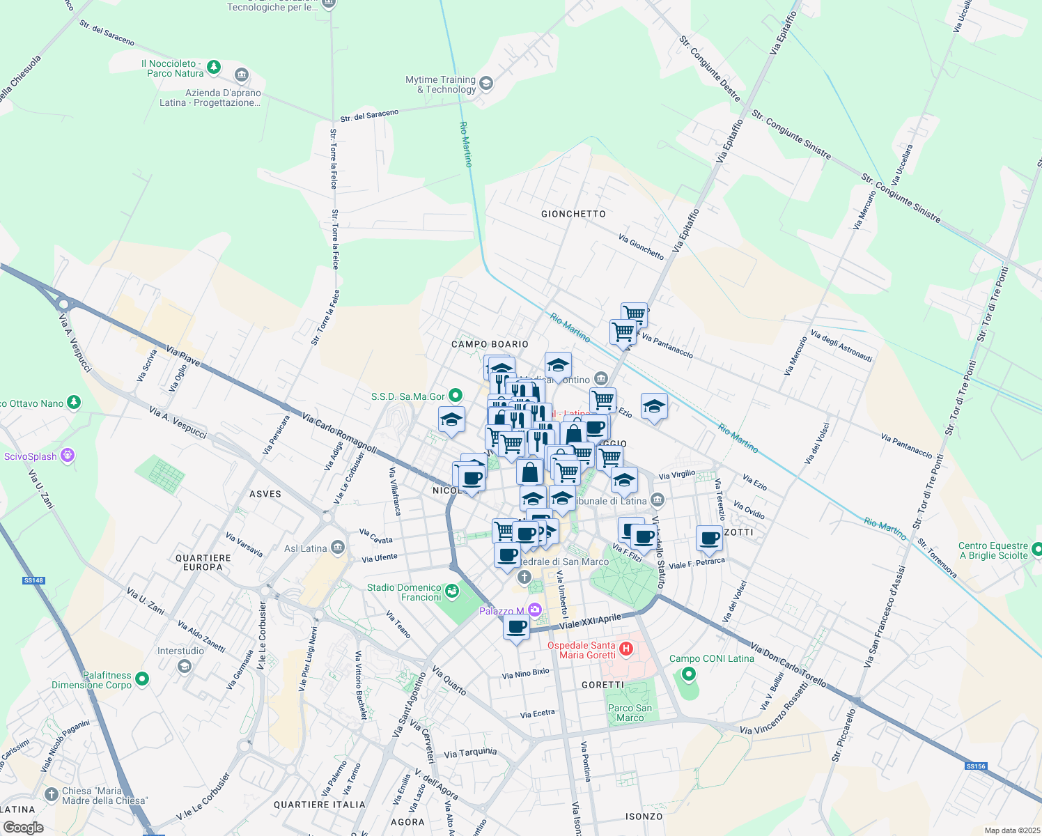 map of restaurants, bars, coffee shops, grocery stores, and more near 51 Via Carturan G. in Latina