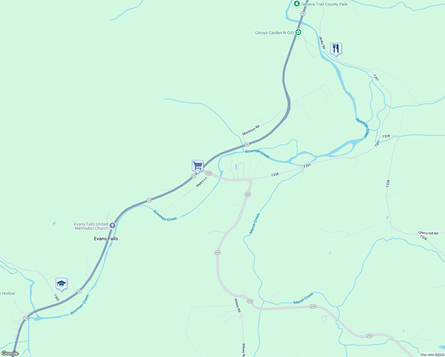 map of restaurants, bars, coffee shops, grocery stores, and more near Highway 292 in Tunkhannock