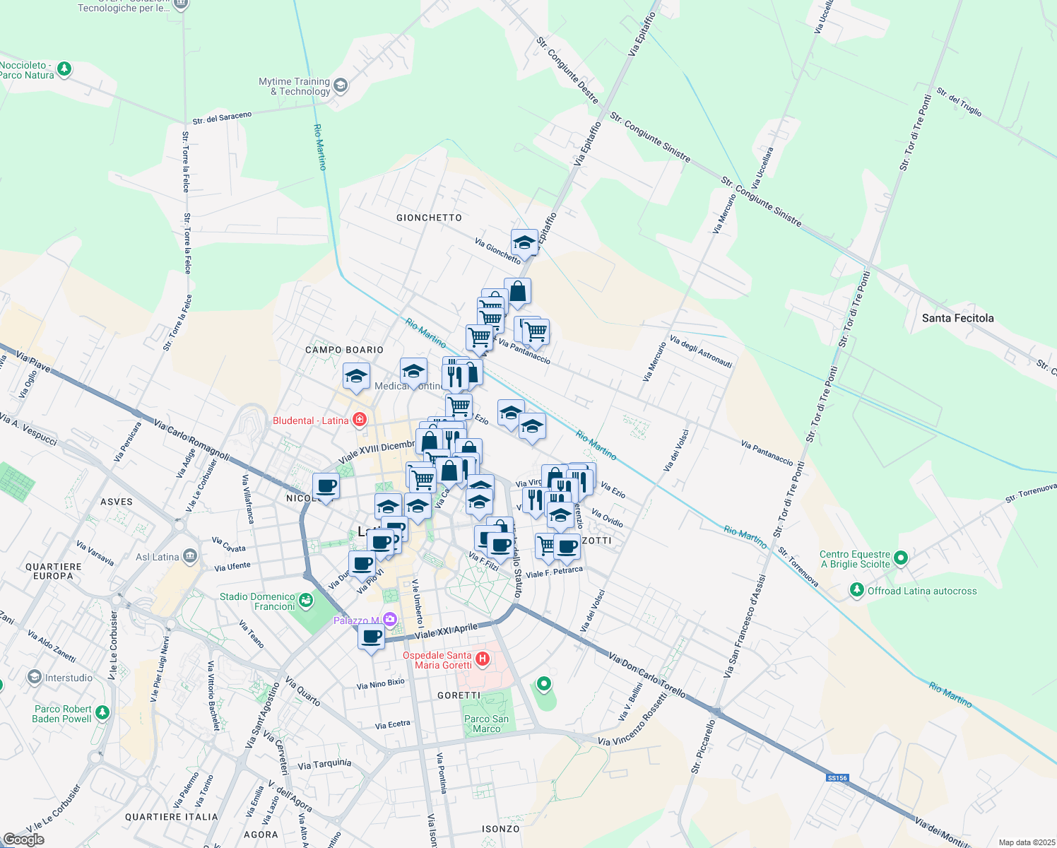 map of restaurants, bars, coffee shops, grocery stores, and more near 19 Via Ezio in Latina
