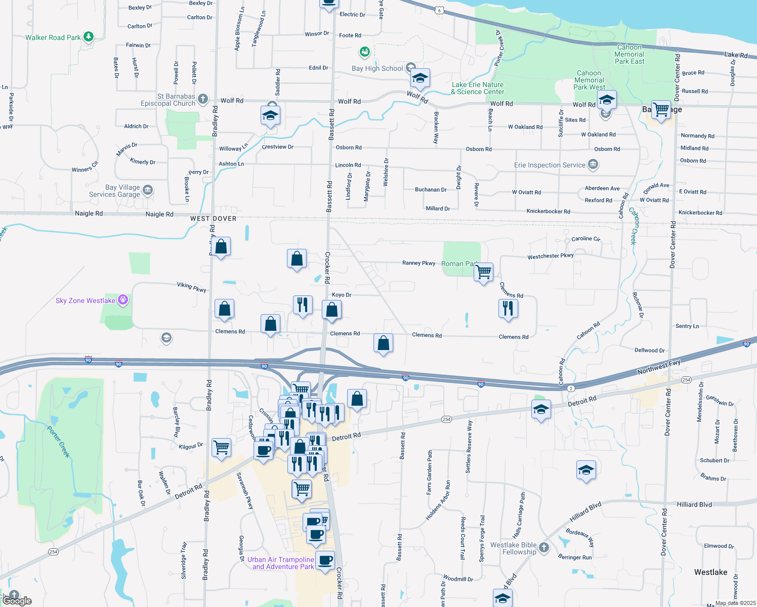 map of restaurants, bars, coffee shops, grocery stores, and more near 1034 Bassett Rd in Westlake