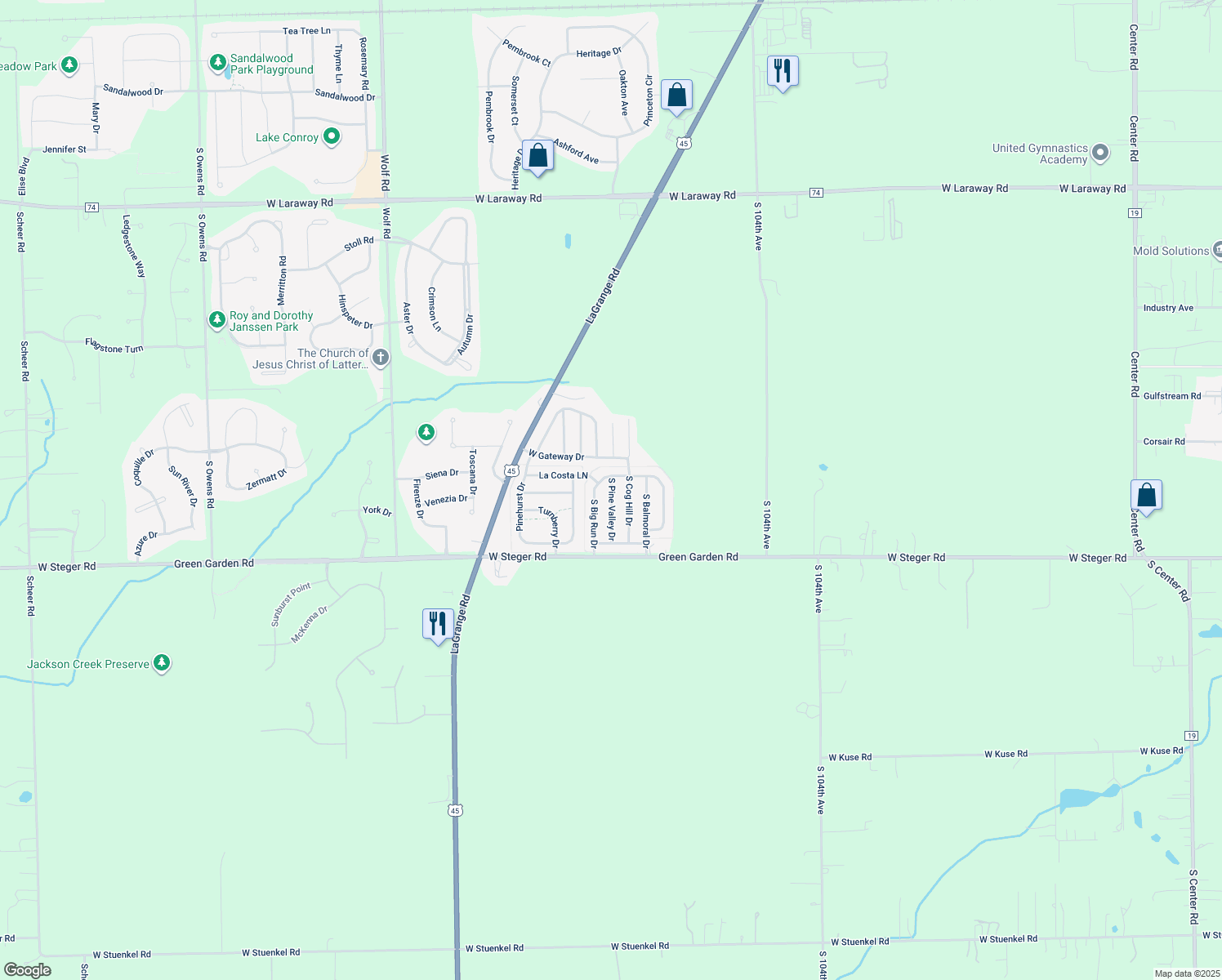 map of restaurants, bars, coffee shops, grocery stores, and more near 22948 South Pine Valley Drive in Frankfort
