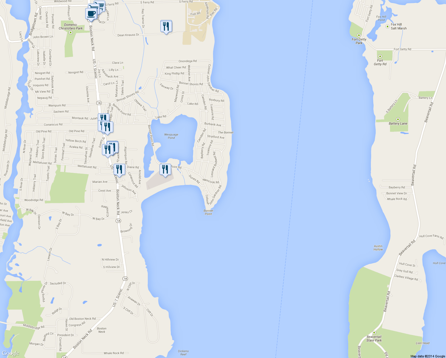 map of restaurants, bars, coffee shops, grocery stores, and more near 256 Colonel John Gardner Rd in Narragansett