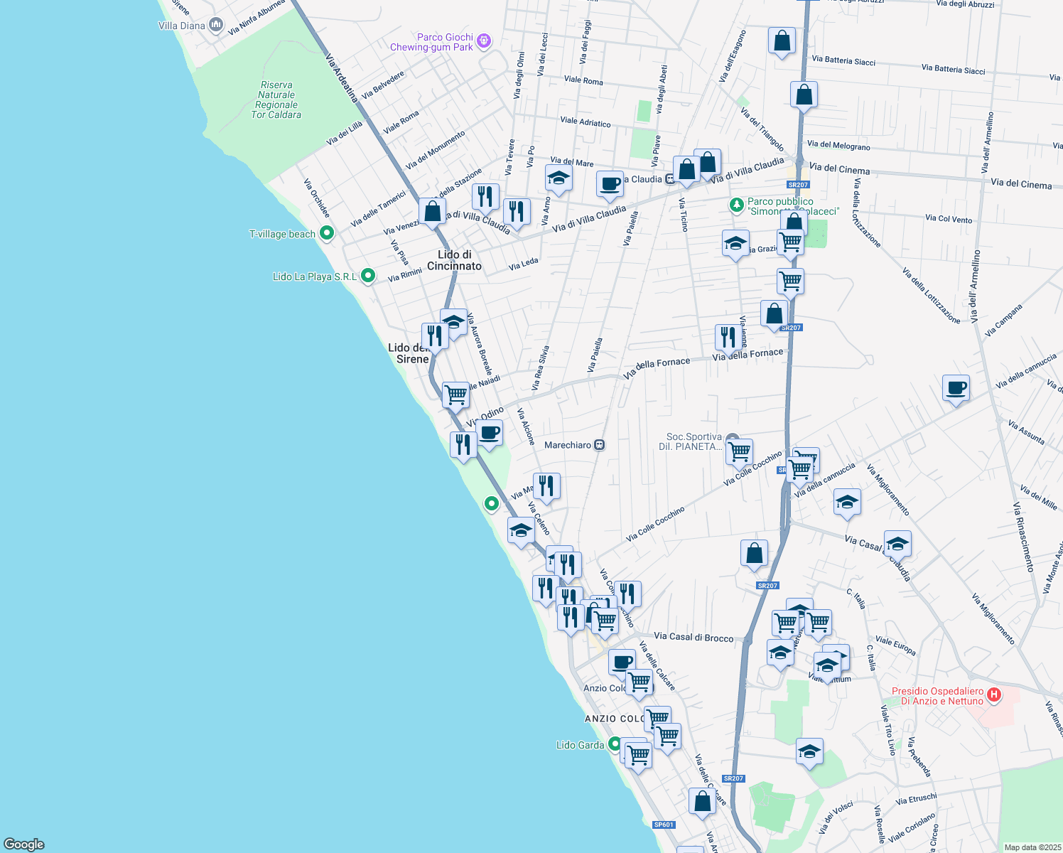 map of restaurants, bars, coffee shops, grocery stores, and more near 66 Via Alcione in Anzio