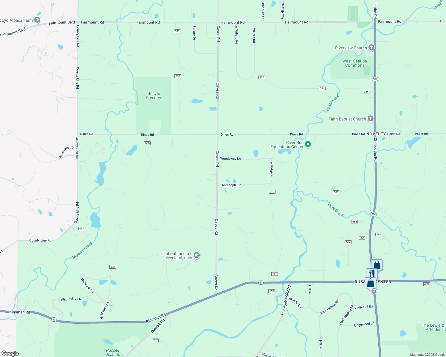 map of restaurants, bars, coffee shops, grocery stores, and more near 14485 Caves Road in Novelty