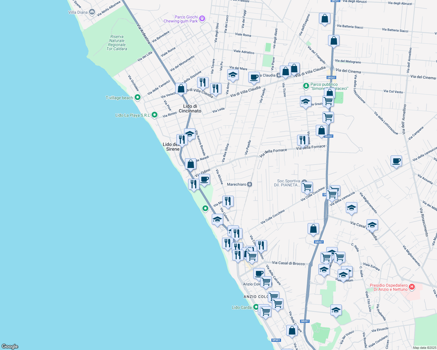 map of restaurants, bars, coffee shops, grocery stores, and more near 66 Via Alcione in Anzio