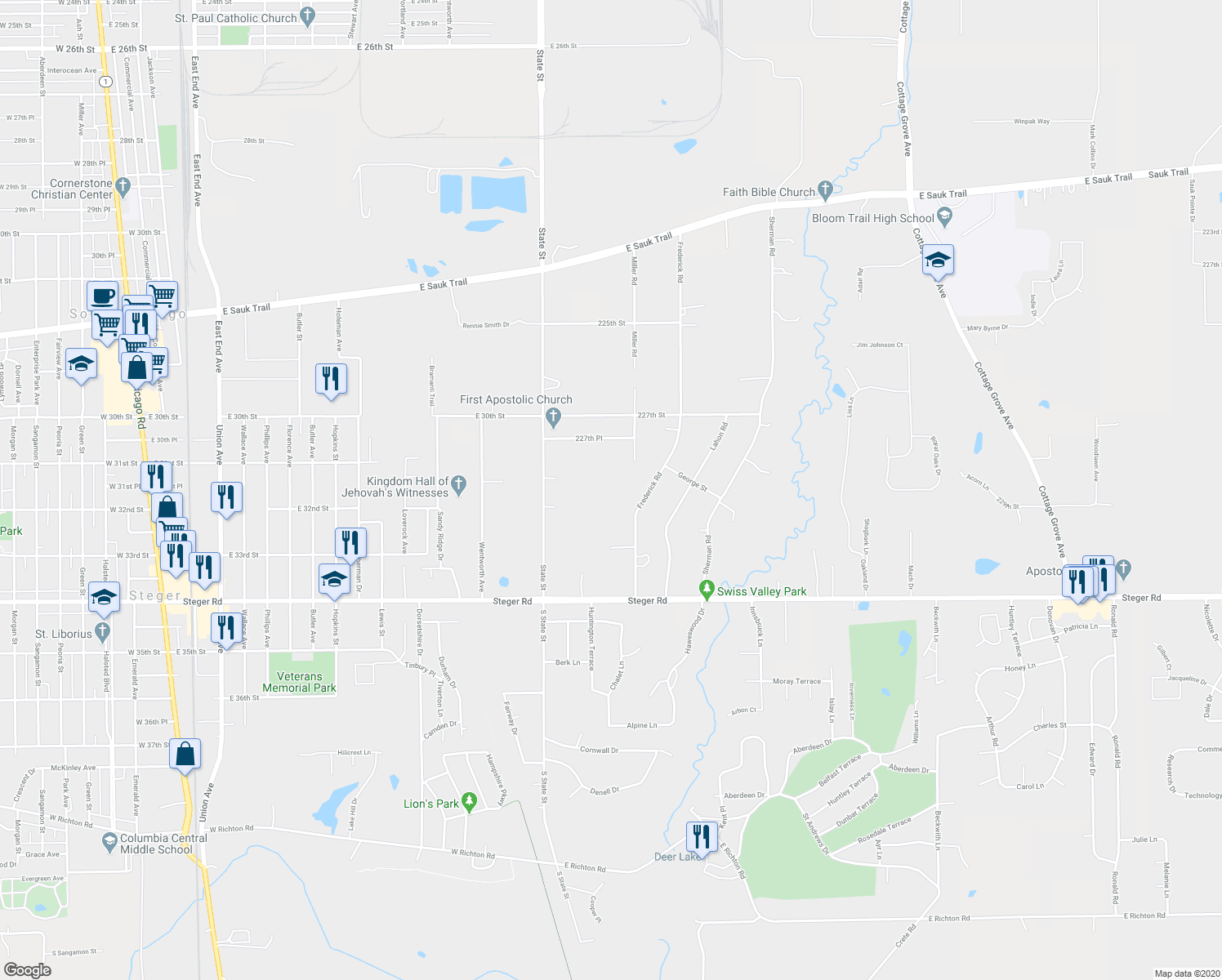 map of restaurants, bars, coffee shops, grocery stores, and more near 22844 Miller Road in Steger