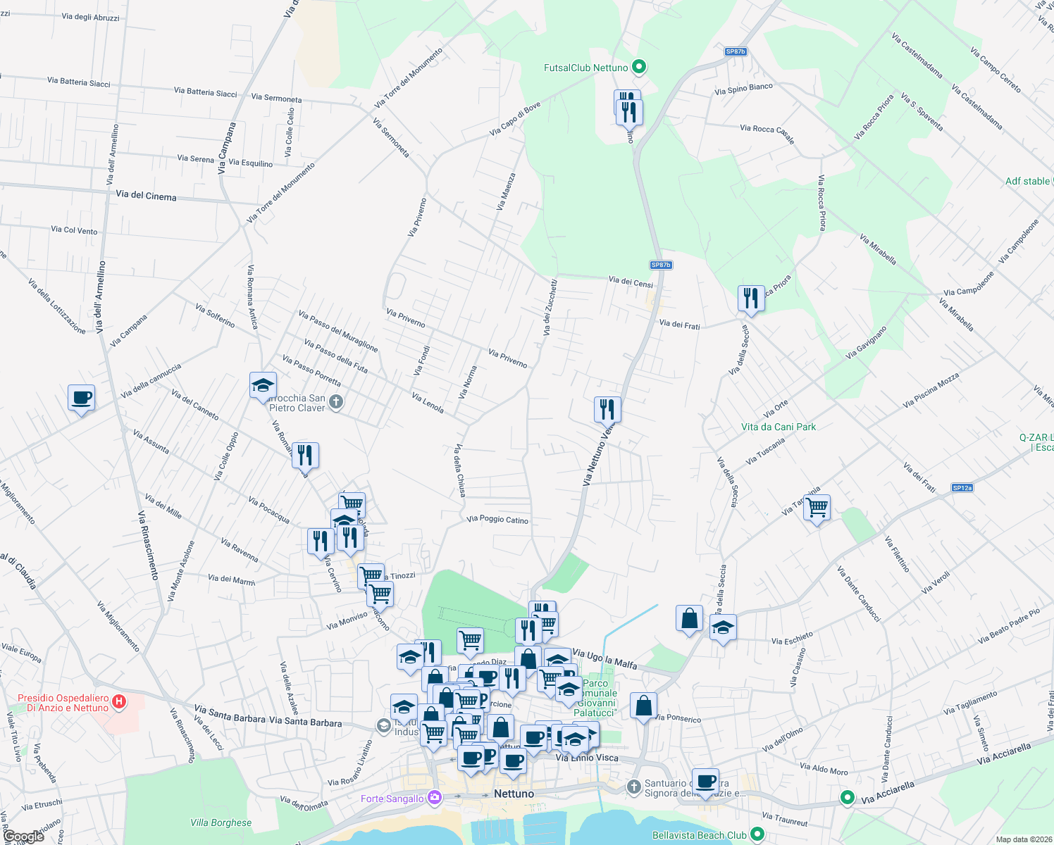 map of restaurants, bars, coffee shops, grocery stores, and more near 112 Via dei Zucchetti in Nettuno