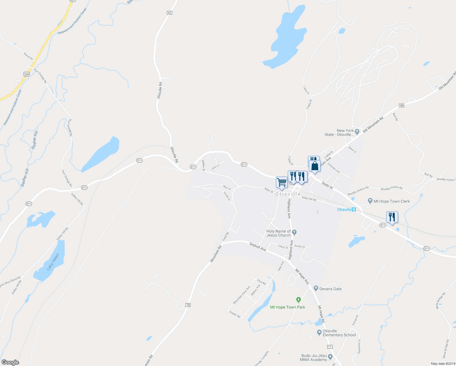 map of restaurants, bars, coffee shops, grocery stores, and more near 86 Main Street in Otisville