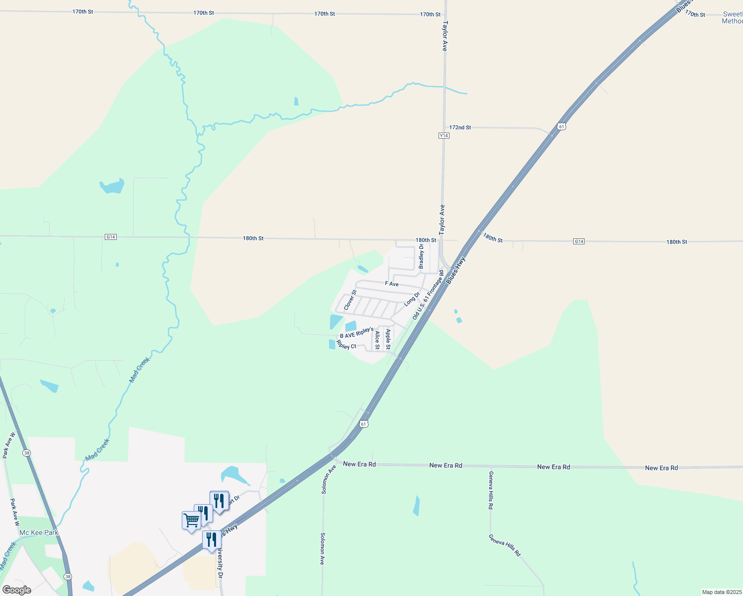 map of restaurants, bars, coffee shops, grocery stores, and more near Ripley Ct in Muscatine