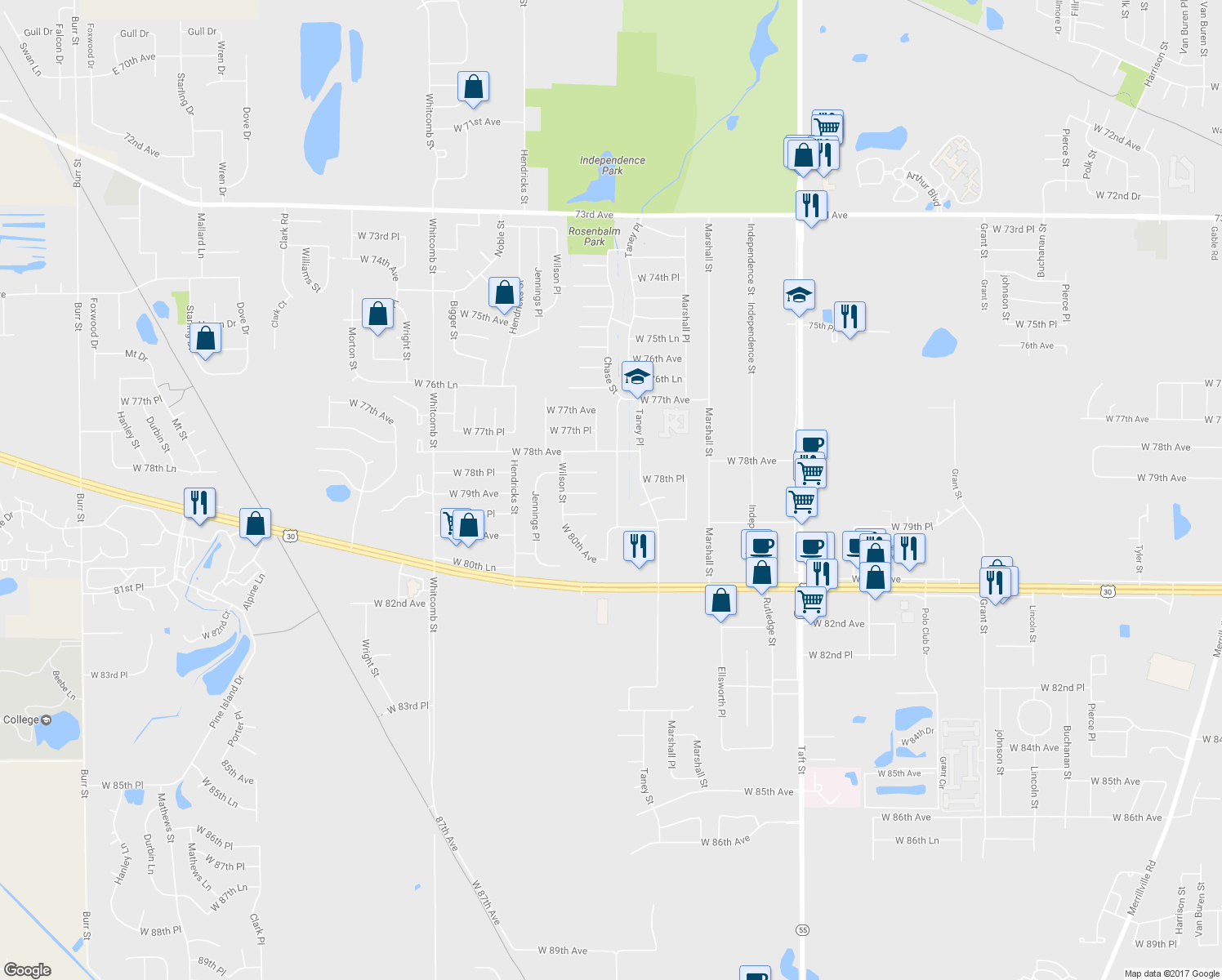 map of restaurants, bars, coffee shops, grocery stores, and more near 7836 Chase Street in Merrillville