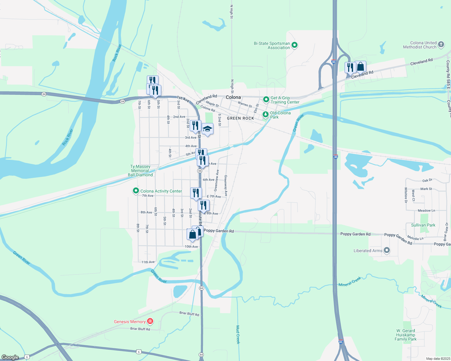 map of restaurants, bars, coffee shops, grocery stores, and more near 598 Greenway Ave in Colona