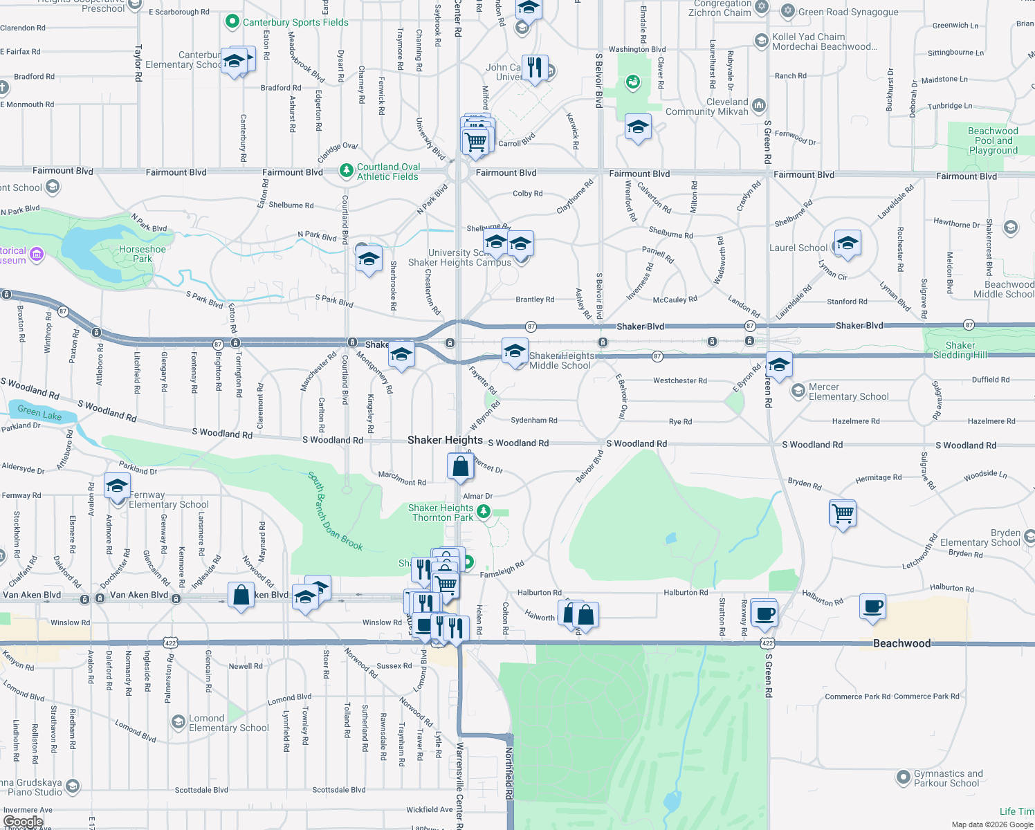 map of restaurants, bars, coffee shops, grocery stores, and more near 20887 Sydenham Road in Shaker Heights