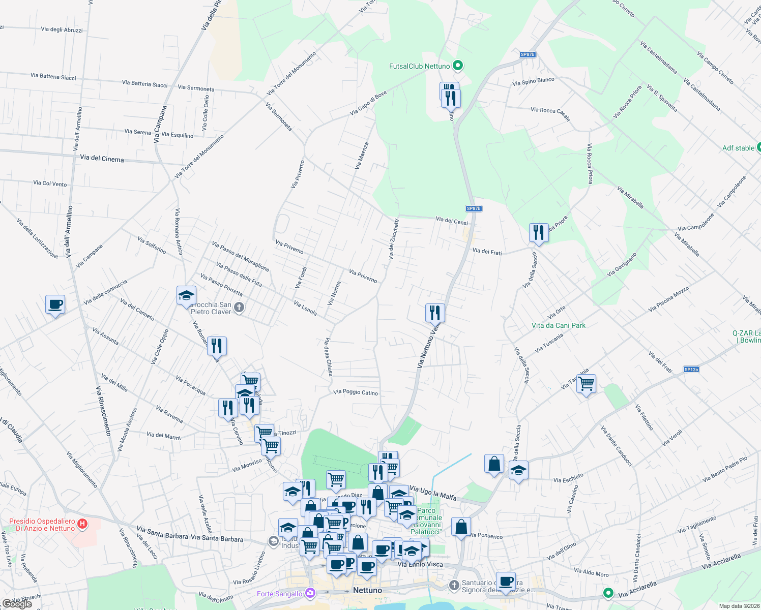 map of restaurants, bars, coffee shops, grocery stores, and more near 112 Via dei Zucchetti in Nettuno