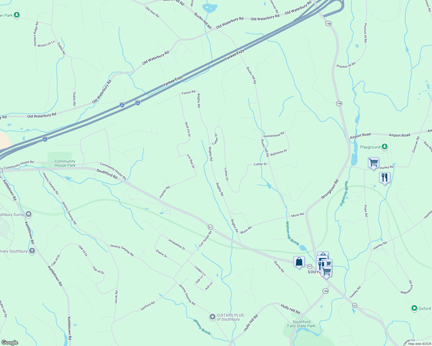 map of restaurants, bars, coffee shops, grocery stores, and more near 280 Bagley Road in Southbury