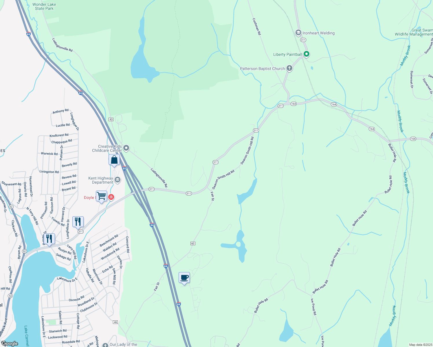 map of restaurants, bars, coffee shops, grocery stores, and more near 37 Deacon Smith Hill Road in Patterson