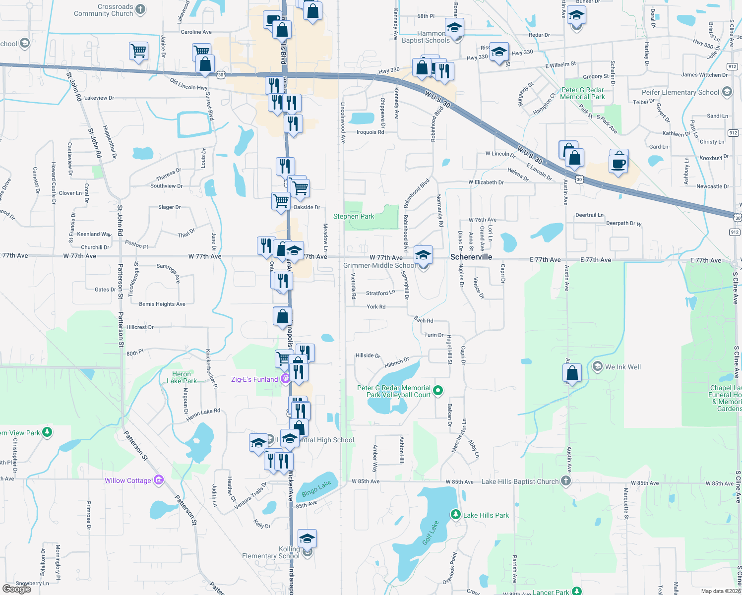 map of restaurants, bars, coffee shops, grocery stores, and more near 503 Stratford Ln in Schererville