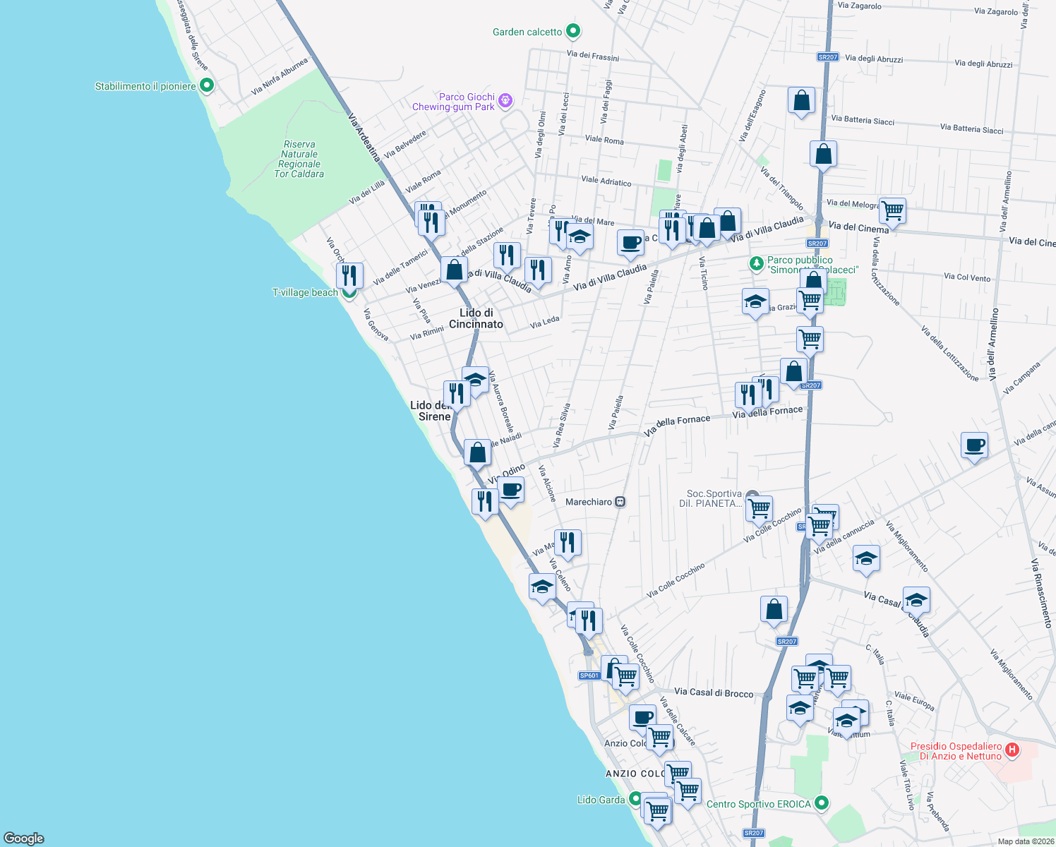 map of restaurants, bars, coffee shops, grocery stores, and more near 47 Via delle Muse in Anzio