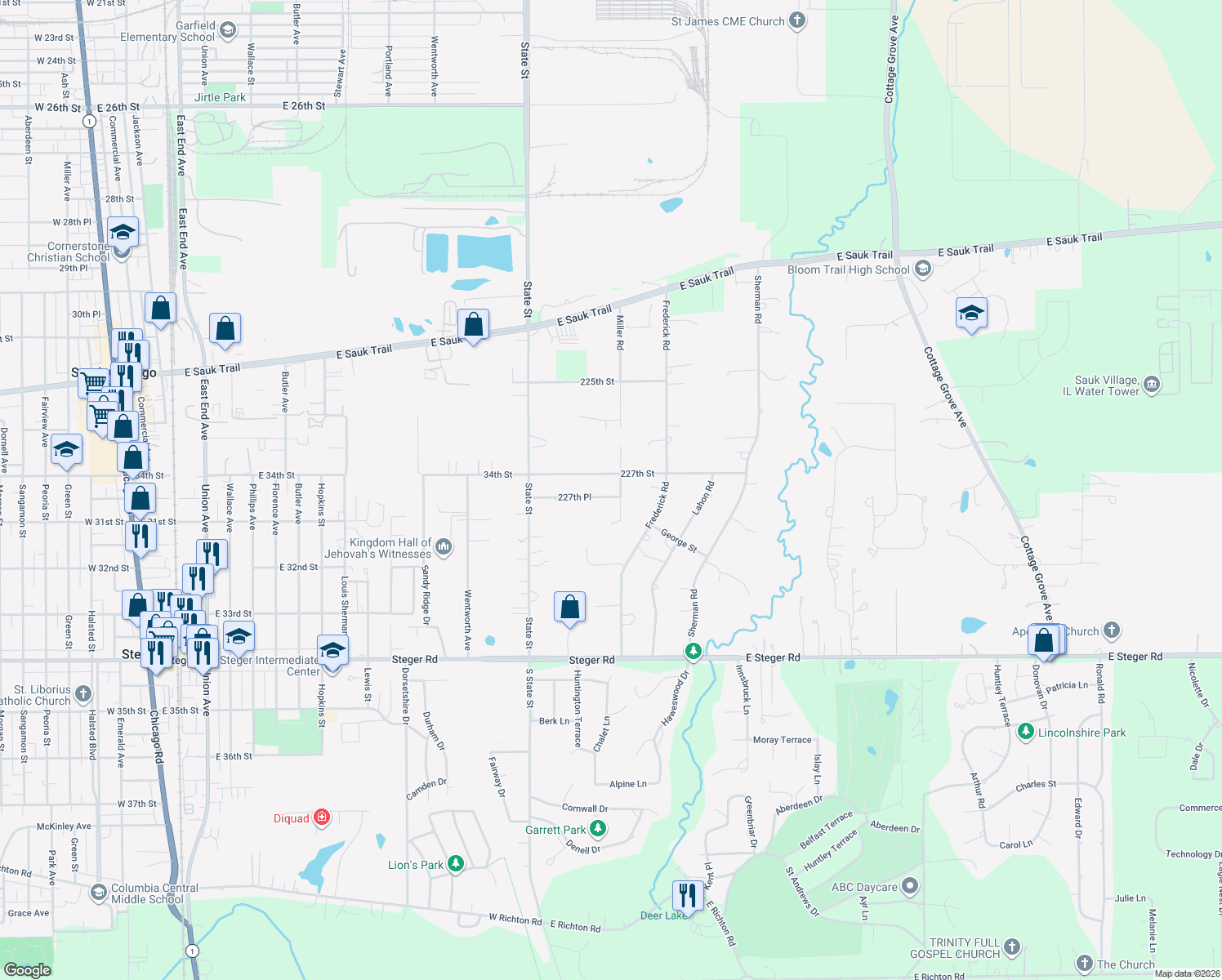 map of restaurants, bars, coffee shops, grocery stores, and more near 22720 Miller Road in Steger