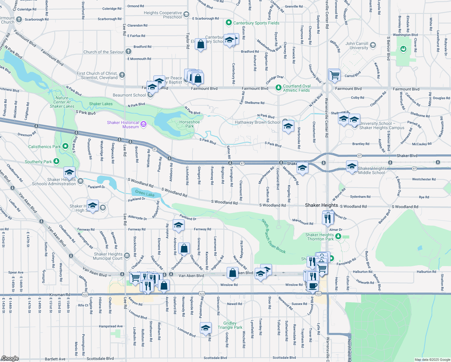 map of restaurants, bars, coffee shops, grocery stores, and more near 2911 Brighton Rd in Shaker Heights