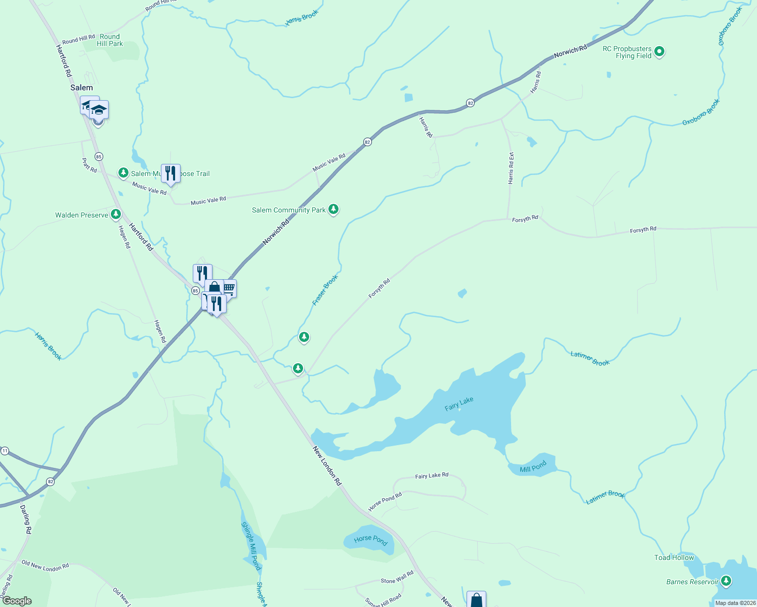 map of restaurants, bars, coffee shops, grocery stores, and more near 127 Forsyth Rd in Salem