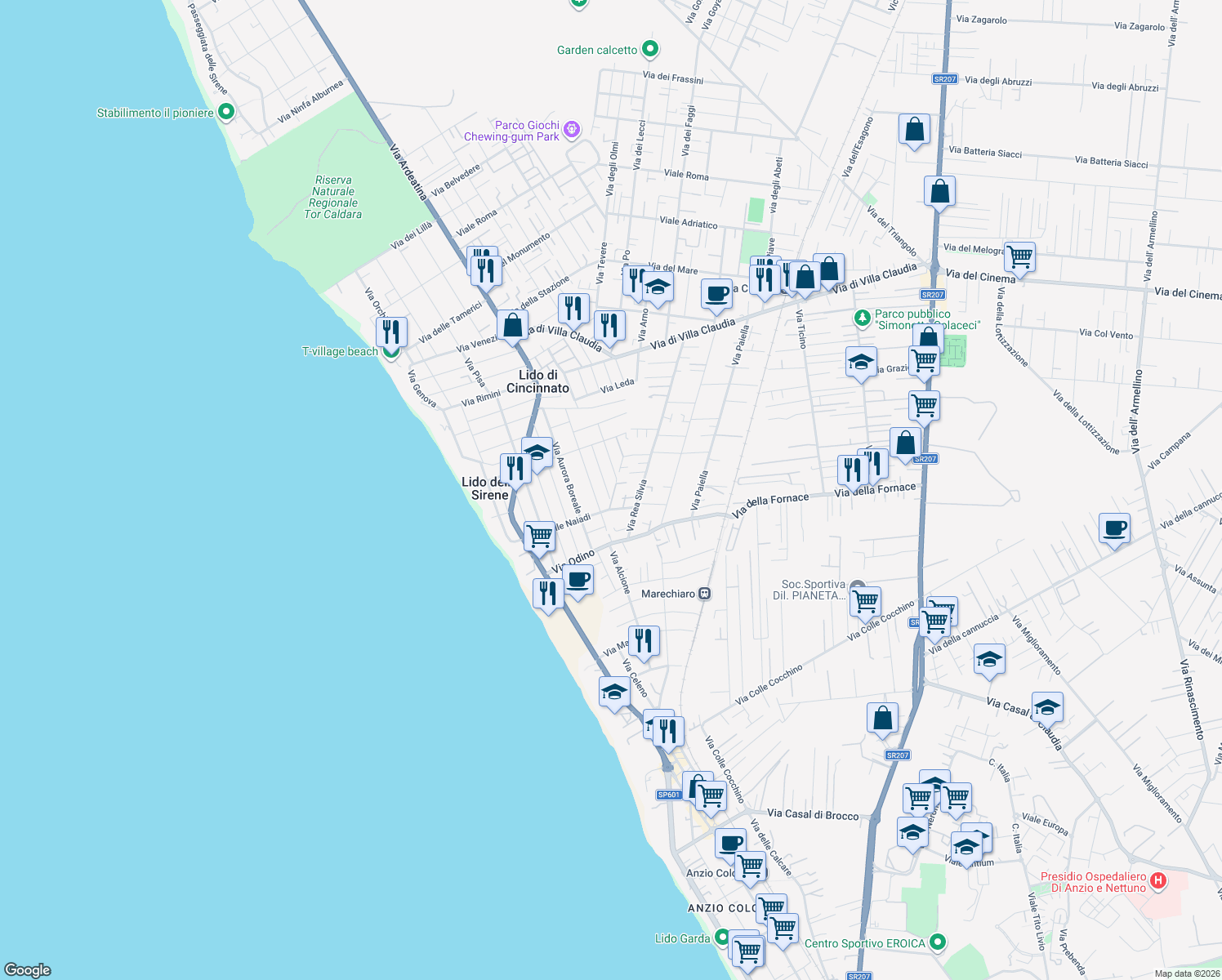 map of restaurants, bars, coffee shops, grocery stores, and more near 47 Via delle Muse in Anzio